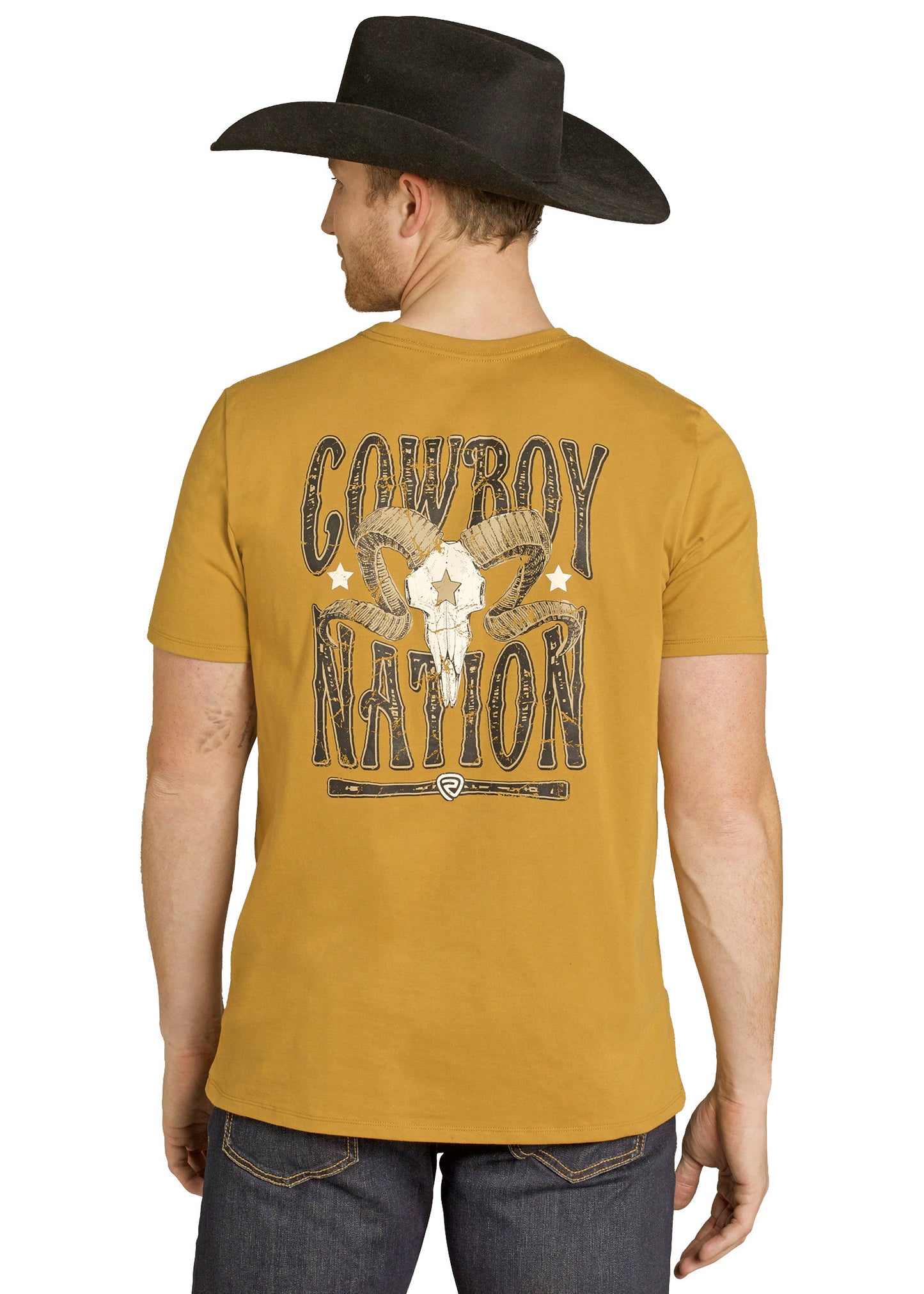 Man wearing a mustard yellow t-shirt with 'Cowboy Nation' graphic and a black cowboy hat.