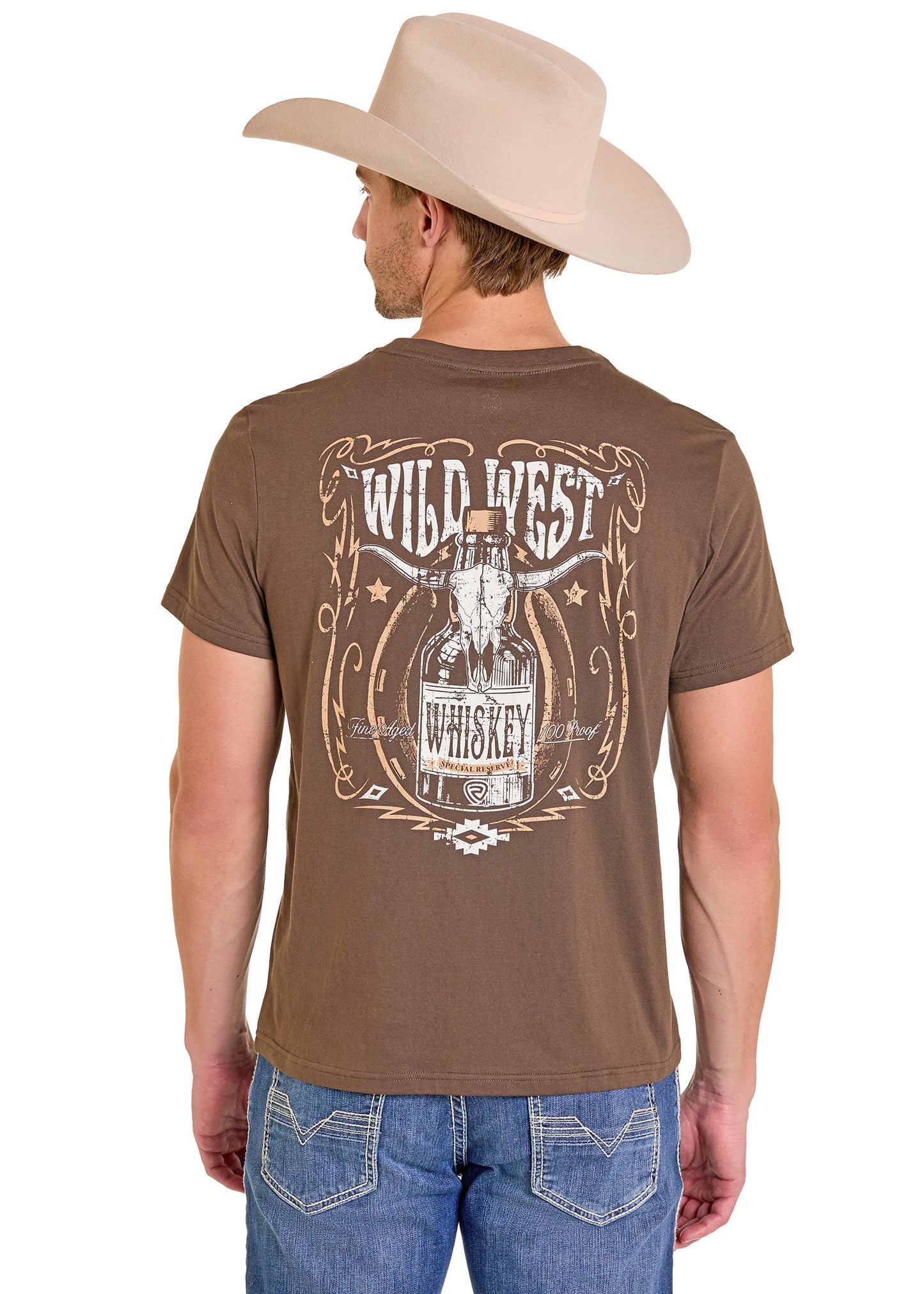 Man wearing a brown t-shirt with 'Wild West Whiskey' design, standing against a white background