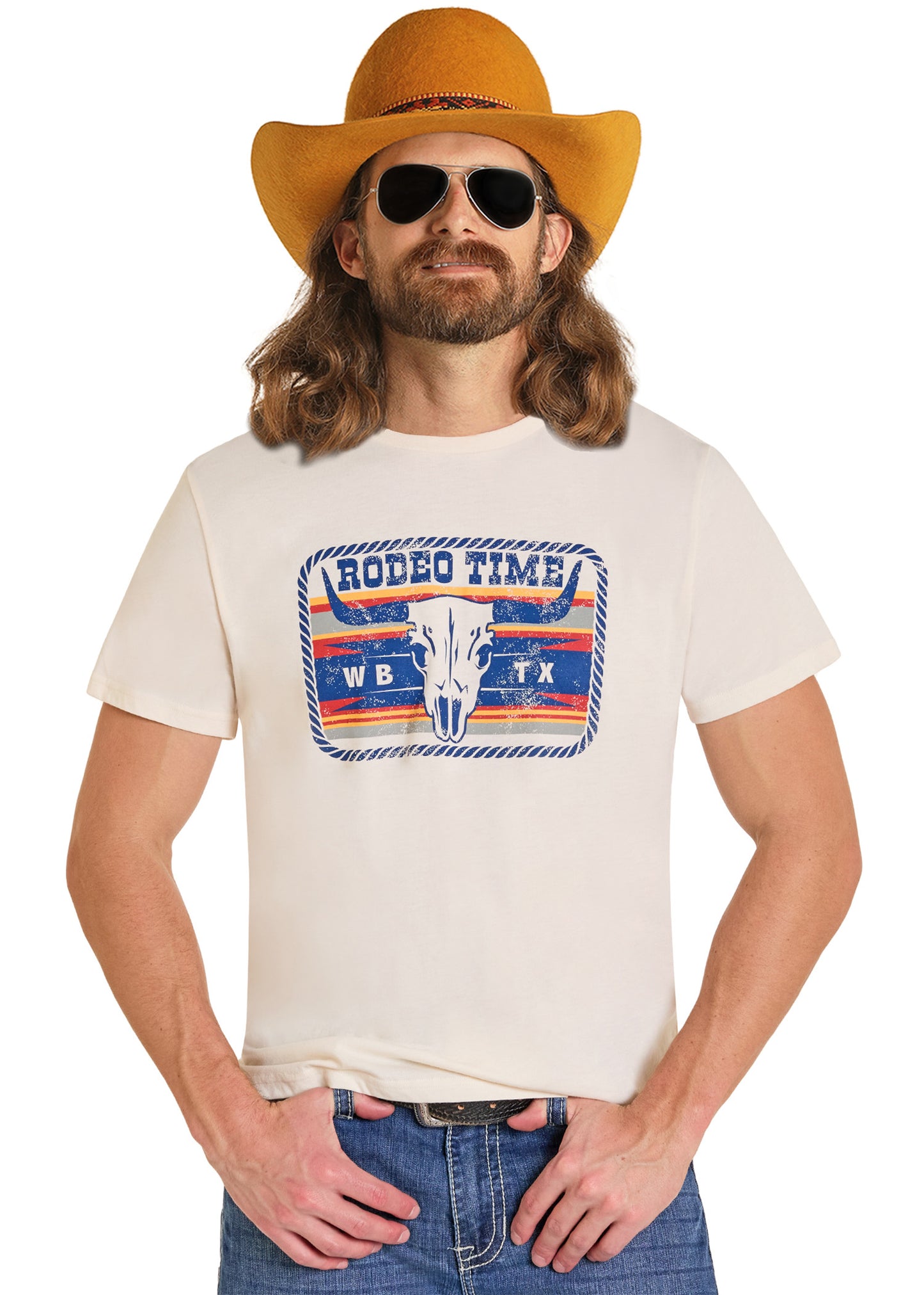 Man wearing a 'Rodeo Time' t-shirt with a cowboy hat and sunglasses on a white background