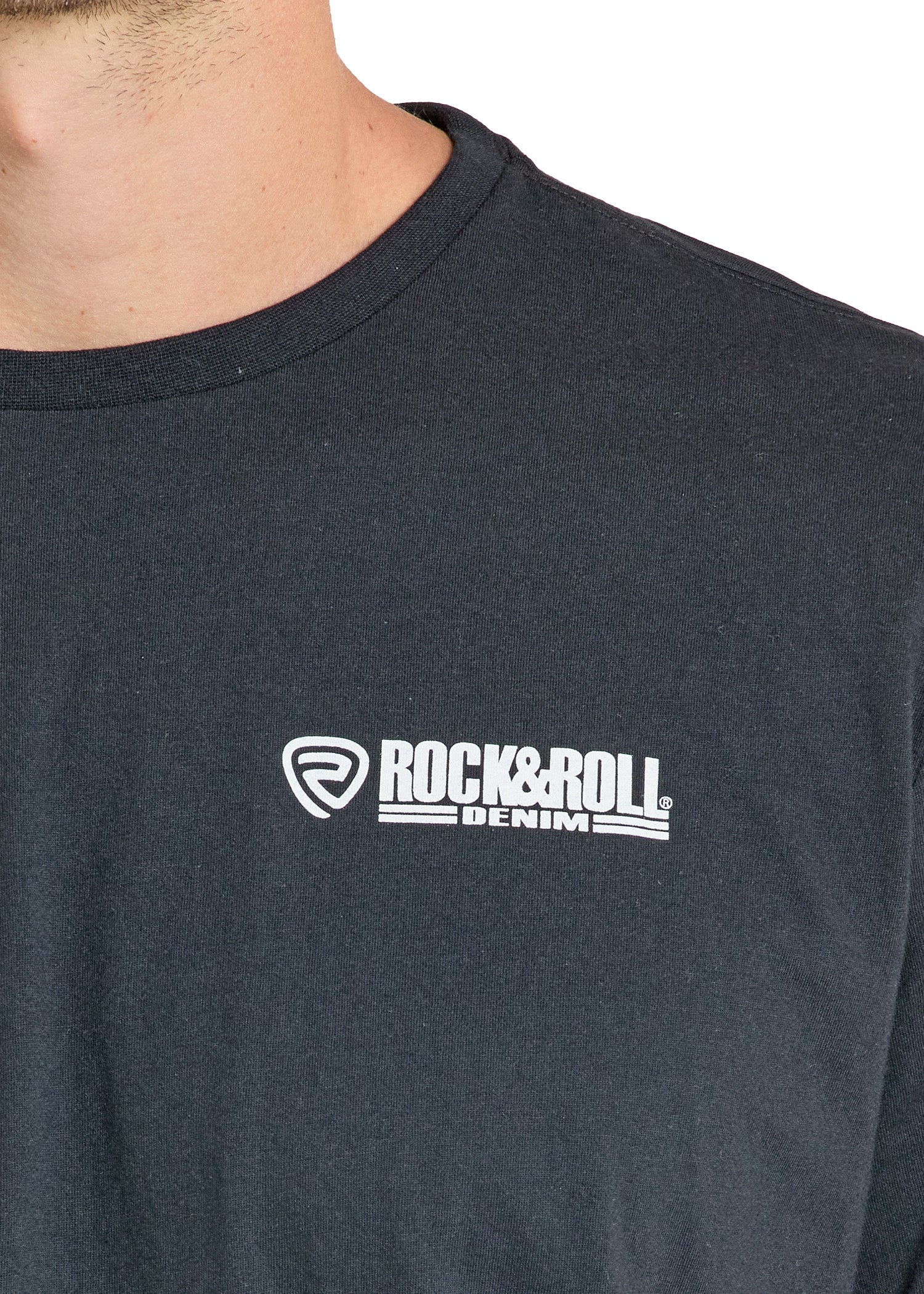 Black t-shirt with 'Rock & Roll Denim' logo on a white background
