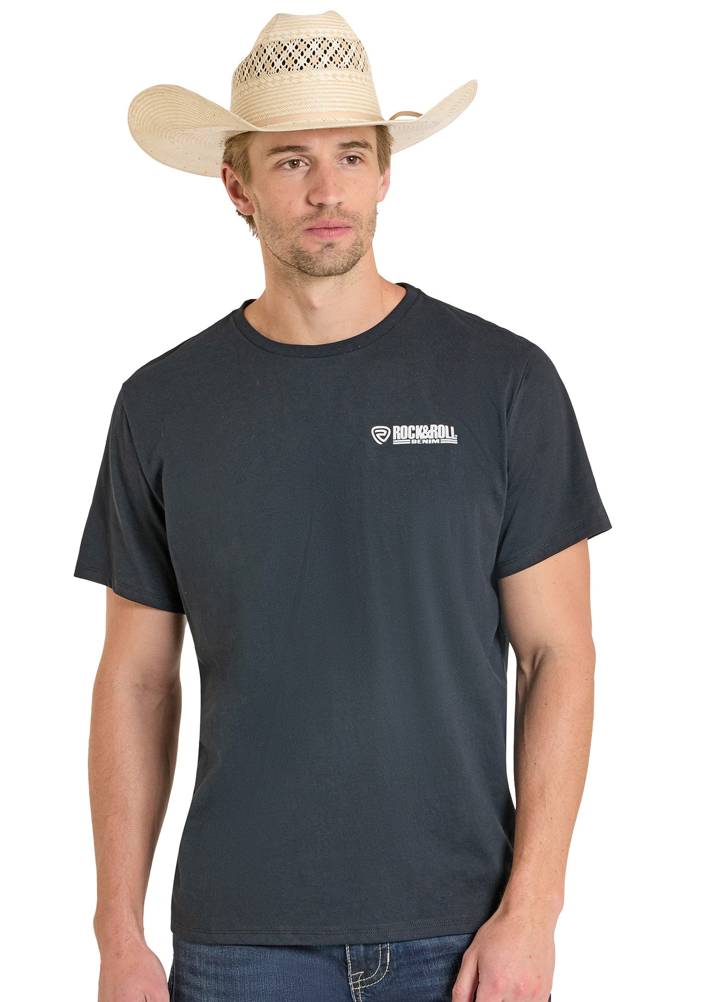 Man wearing a dark gray t-shirt with a logo and a cowboy hat on a white background