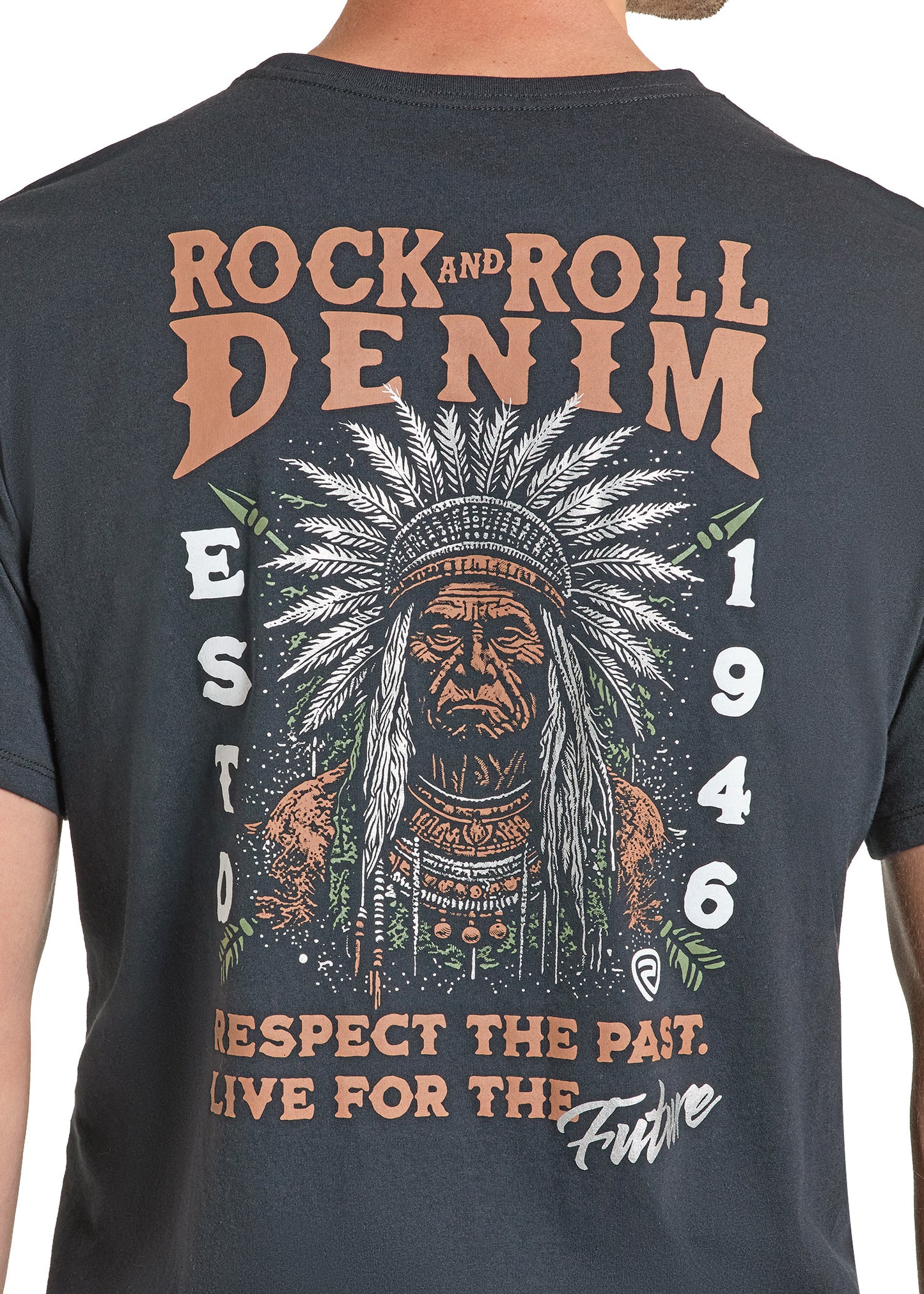 T-shirt with a graphic design of a Native American chief and text on a plain background