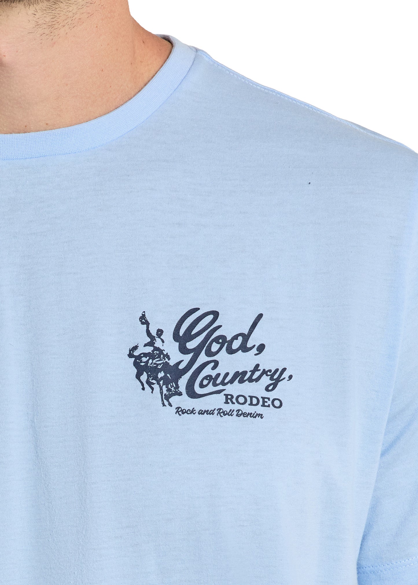 Light blue t-shirt with 'God, Country, Rodeo' text and logo on a white background