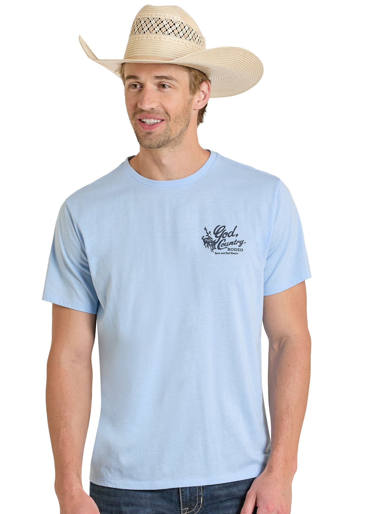 Man wearing a light blue t-shirt with a logo and a straw hat on a white background