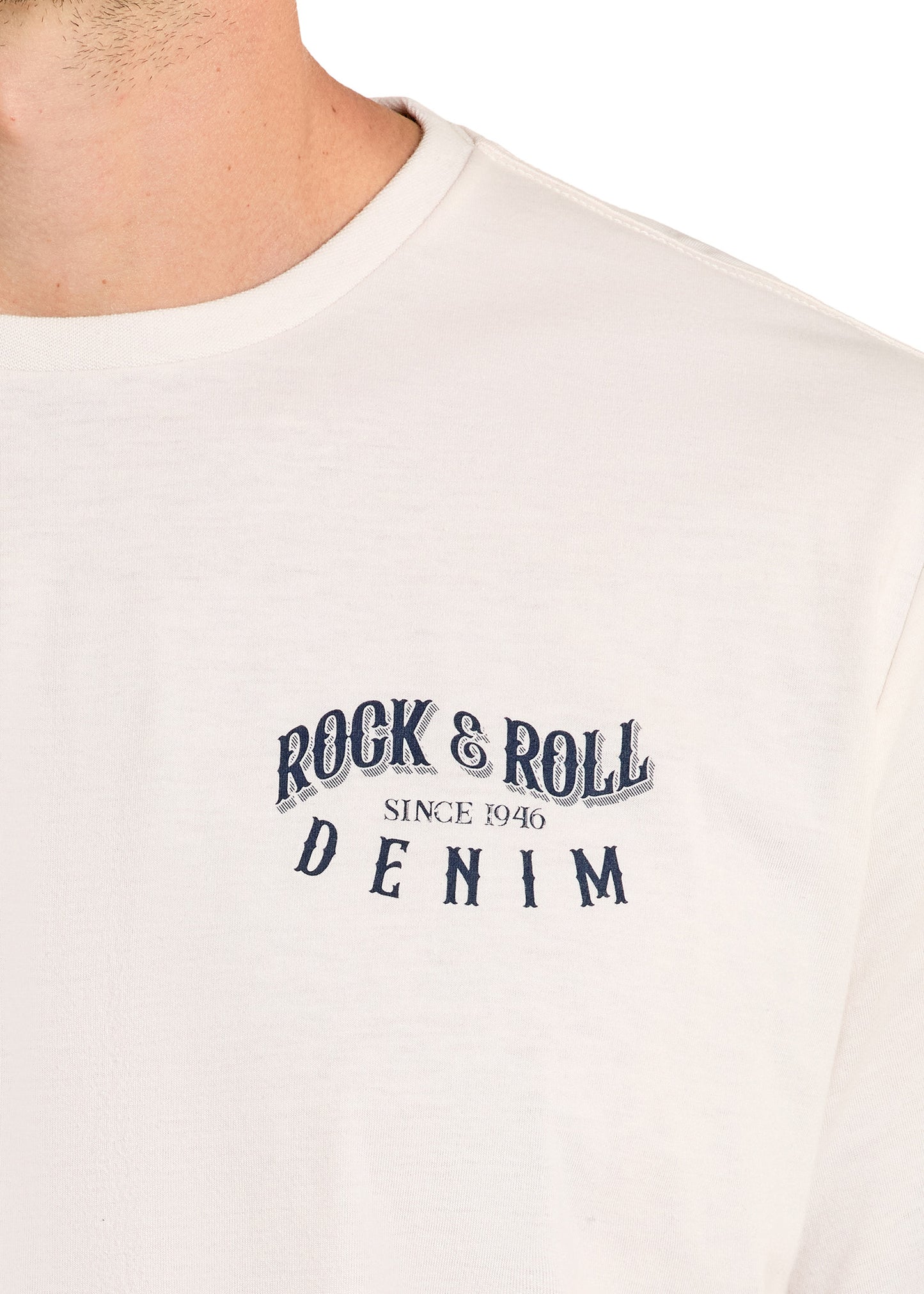 Beige t-shirt with 'Rock & Roll Denim' text on a plain background