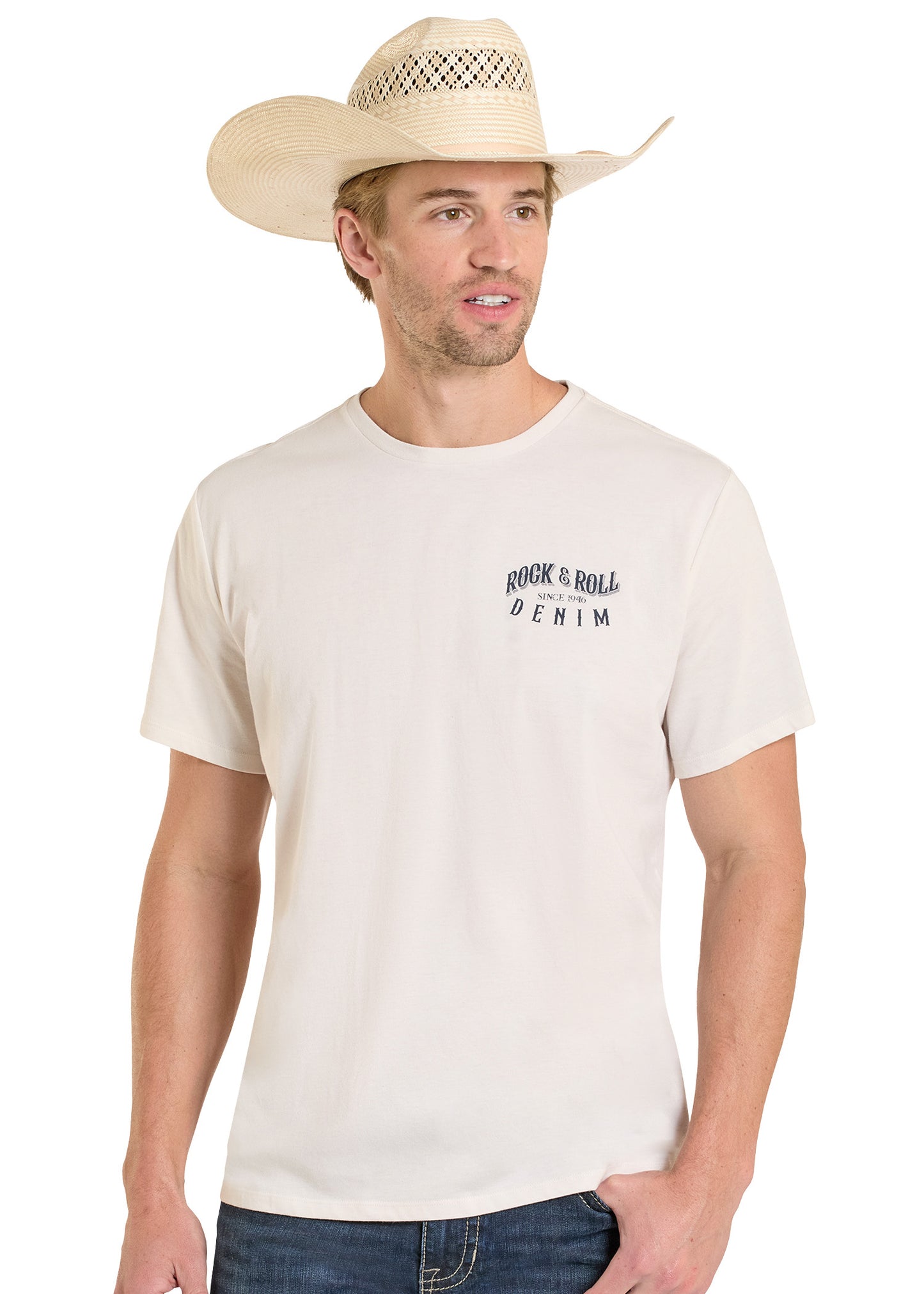 Man wearing a beige t-shirt with 'Rock & Roll Denim' logo and a straw hat on a white background