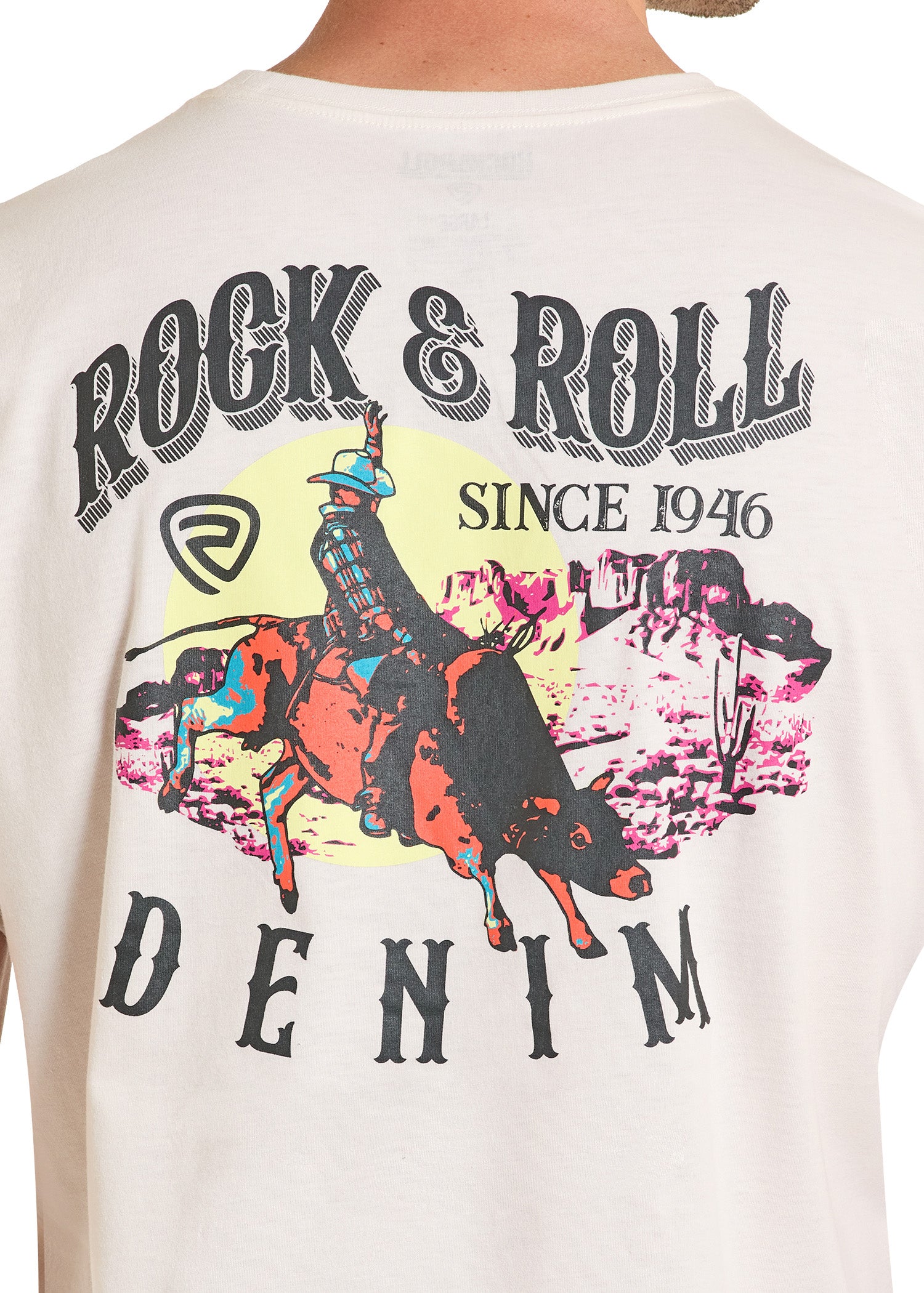 T-shirt with 'Rock & Roll Since 1946 Denim' design featuring a person riding a bull.