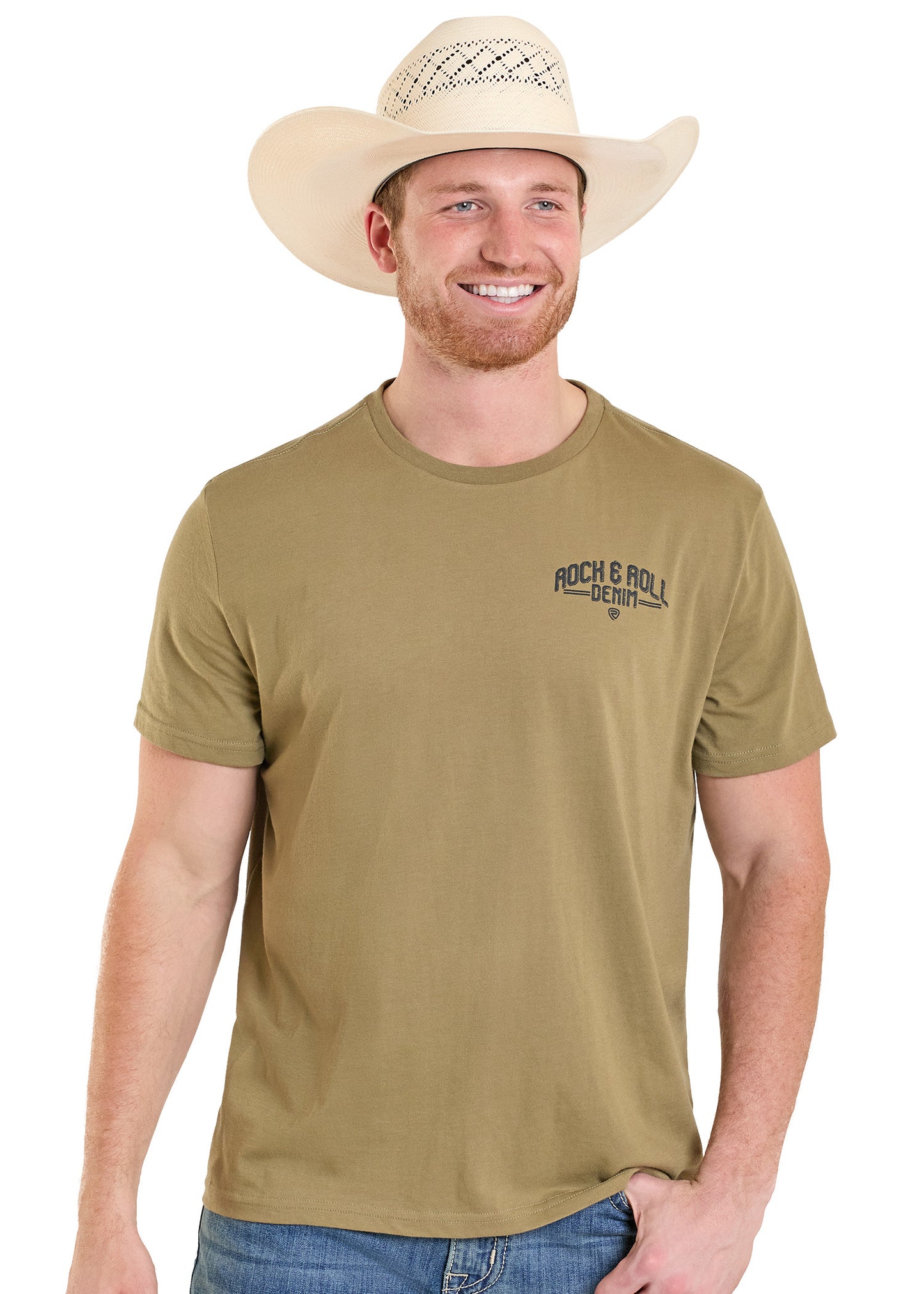 Man wearing a beige cowboy hat and green t-shirt with text on a white background