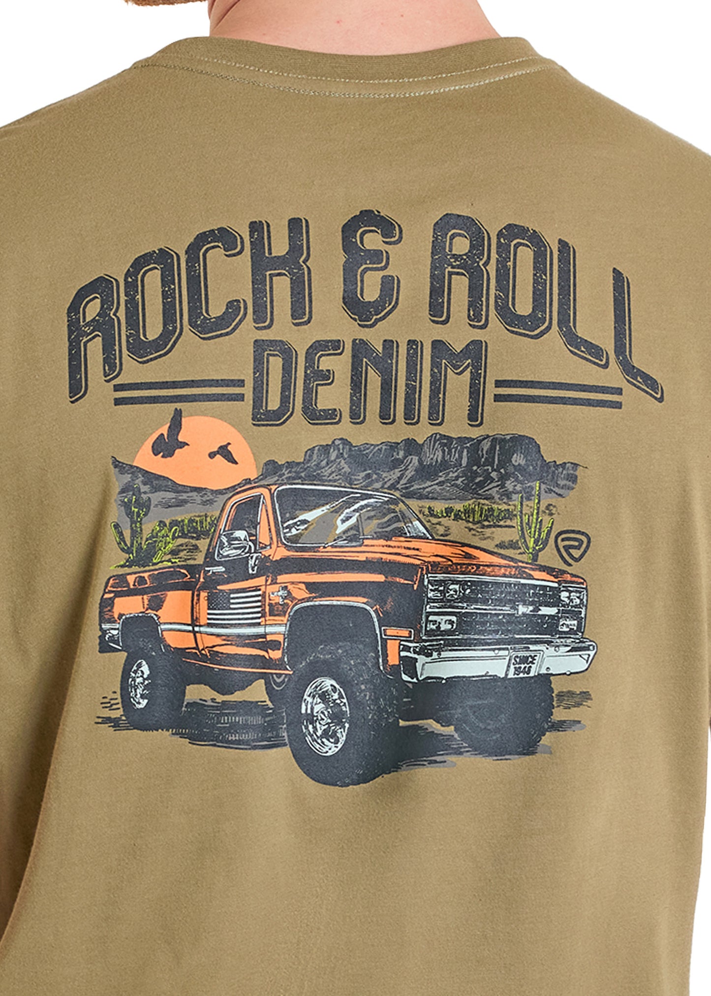 Olive green t-shirt with 'Rock & Roll Denim' graphic and orange truck on a white background