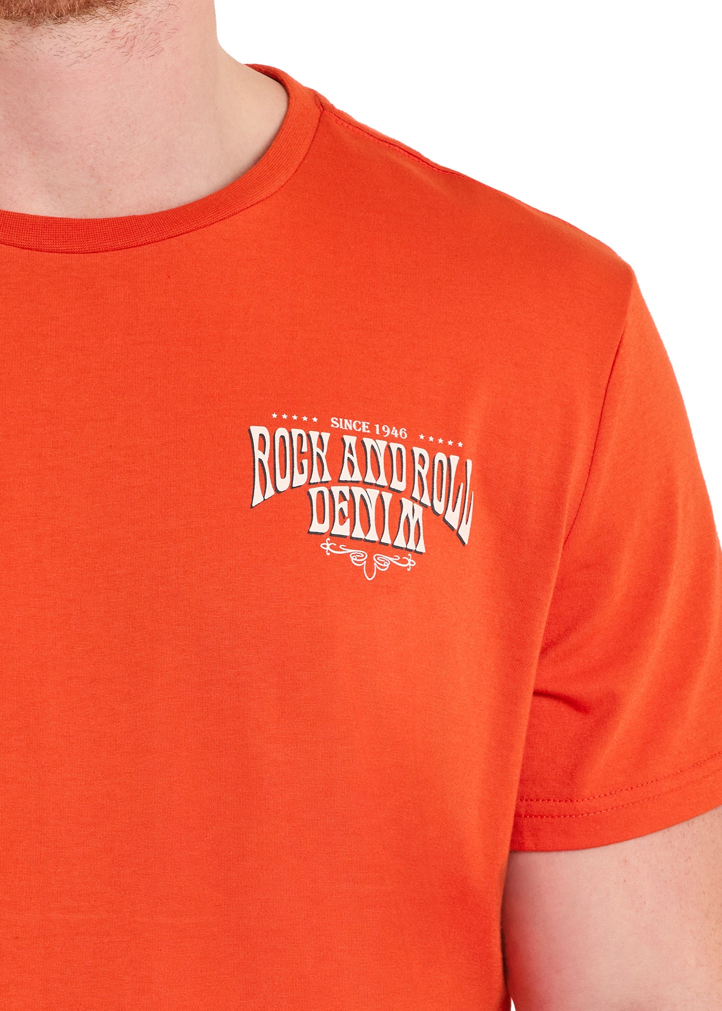 Orange t-shirt with 'Rock and Roll Denim' text on a white background