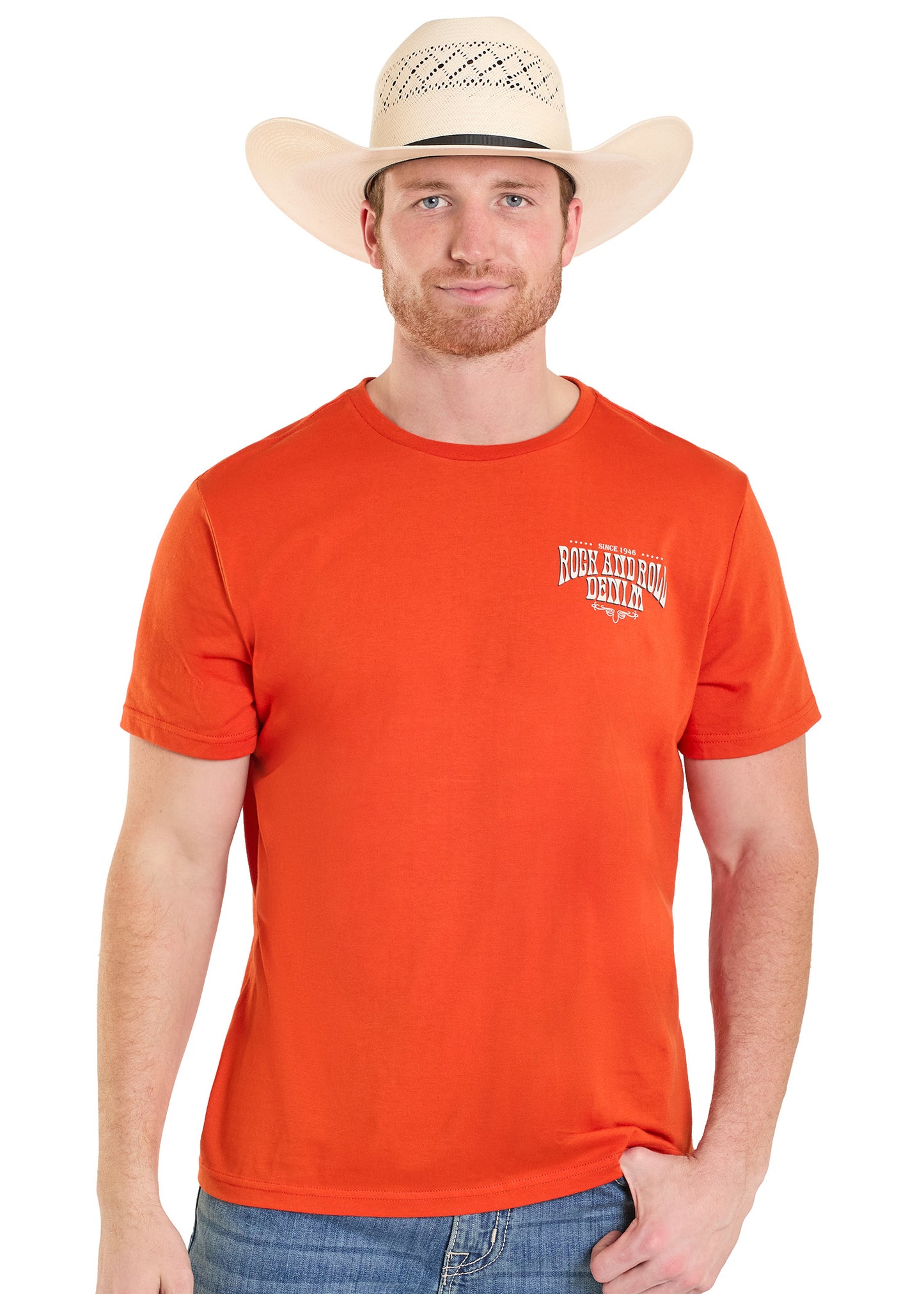 Man wearing an orange t-shirt with a logo and a cowboy hat on a white background