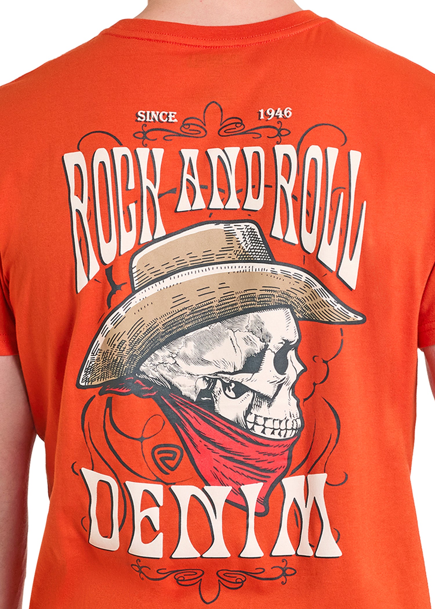 Orange t-shirt with a skull wearing a cowboy hat and bandana, and text 'Rock and Roll Denim' on the back.