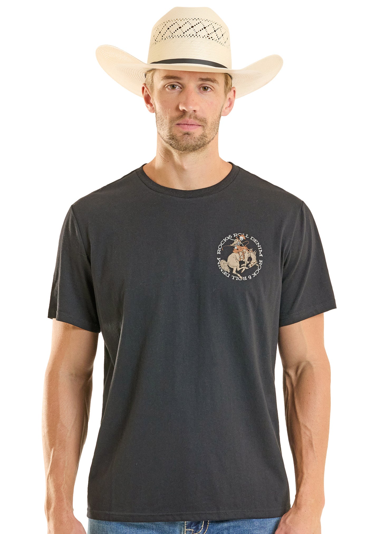 Man wearing a black t-shirt with a logo and a cowboy hat on a white background