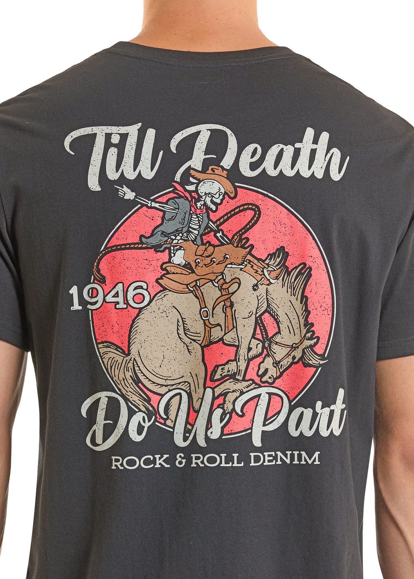 T-shirt with a graphic design of a skeleton on a horse, text 'Till Death Do Us Part', and 'Rock & Roll Denim' on a black background.