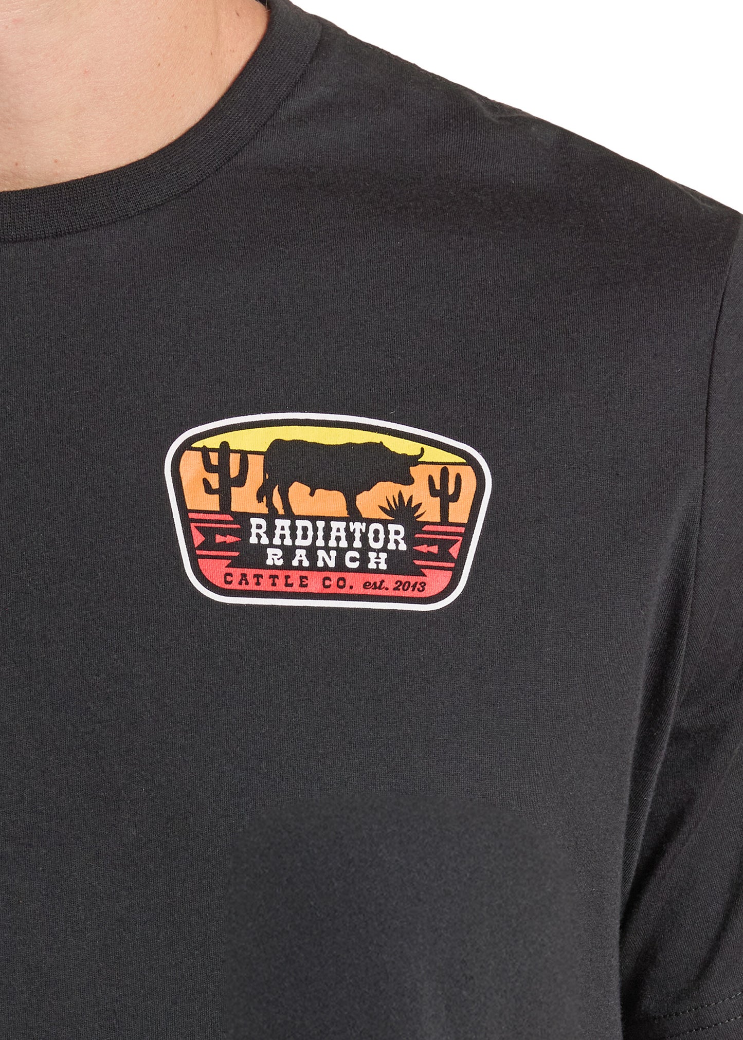 Close-up of a person wearing a black short-sleeve t-shirt with a colorful 'Radiator Ranch Cattle Co.' graphic patch on the chest.