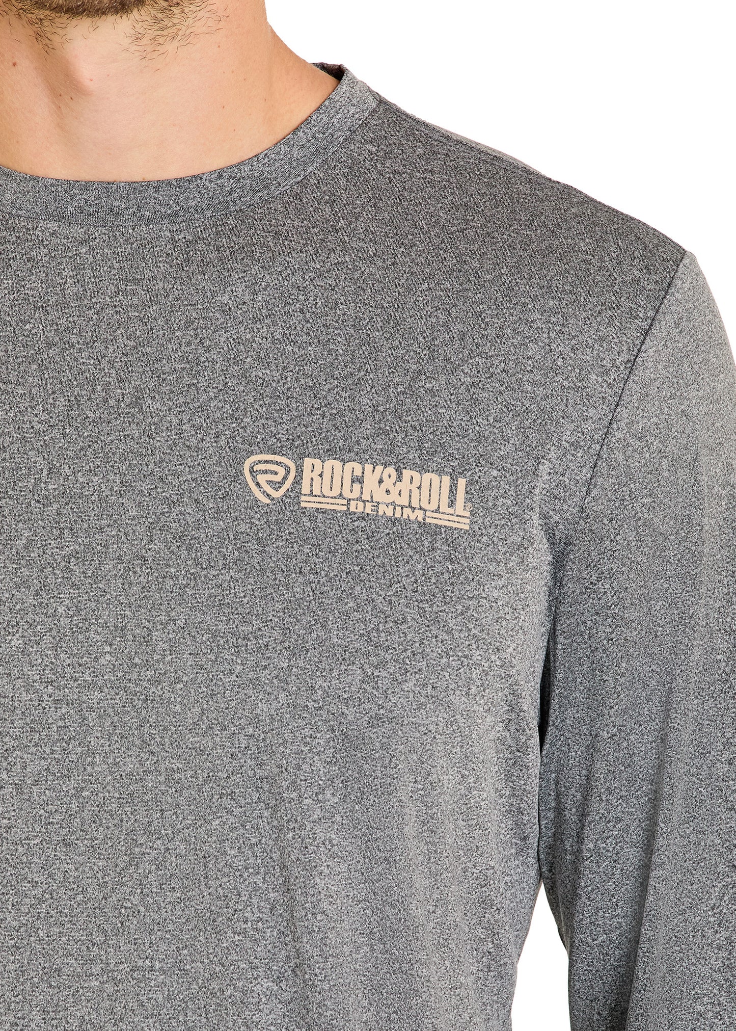 Gray long-sleeve shirt with 'Rock & Roll' logo on a white background
