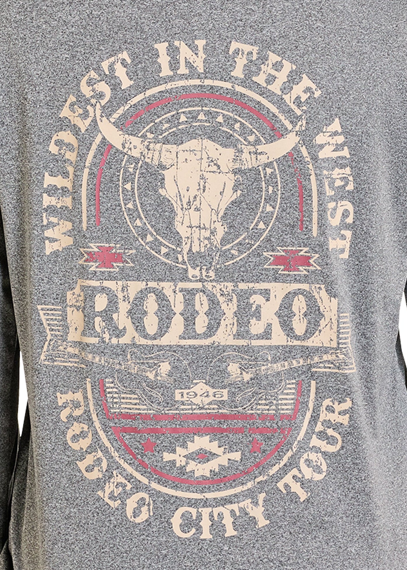 Gray long-sleeve shirt with rodeo-themed graphic design featuring a bull skull and text.
