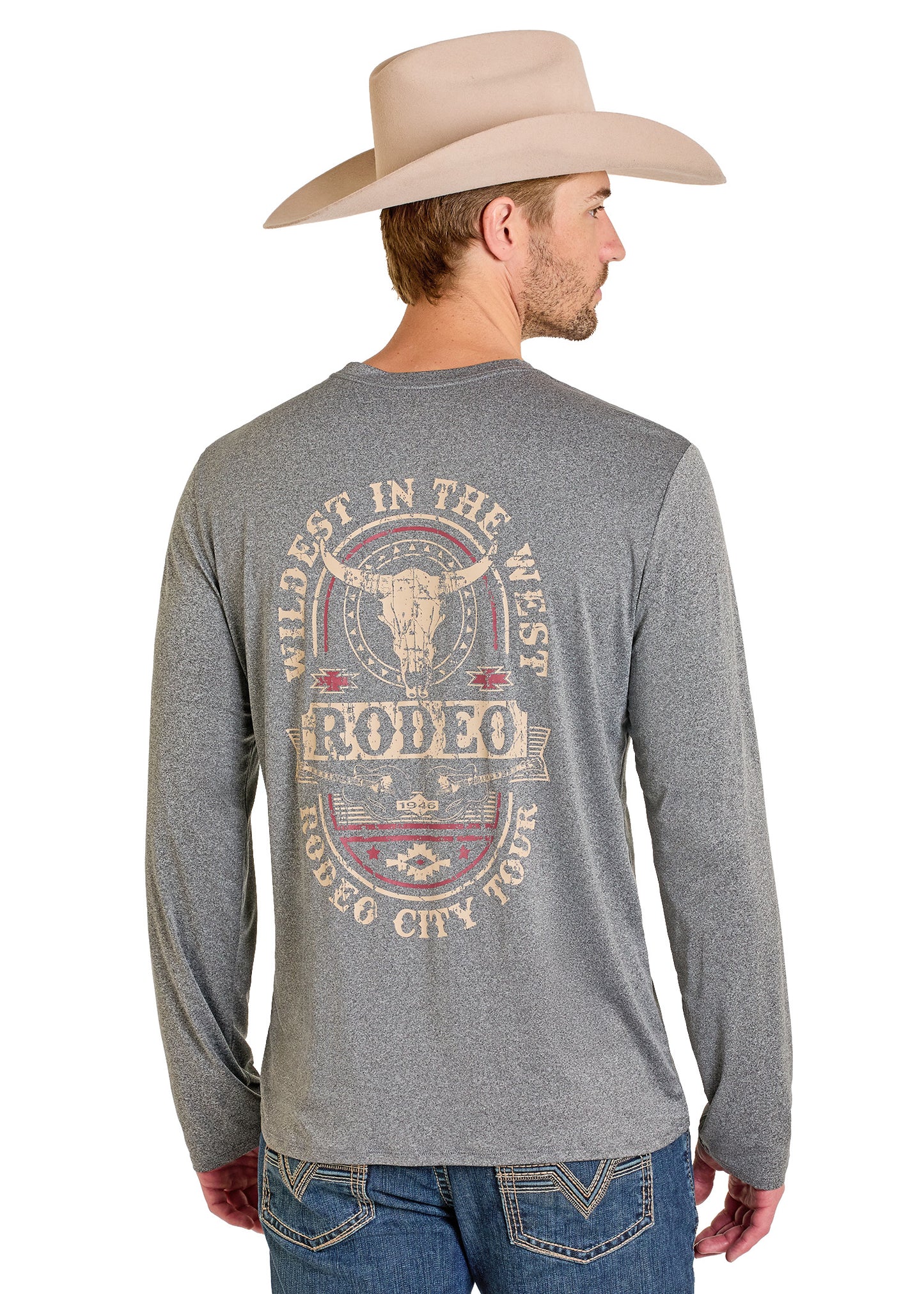 Man wearing a gray long-sleeve shirt with a rodeo graphic and a cowboy hat on a white background