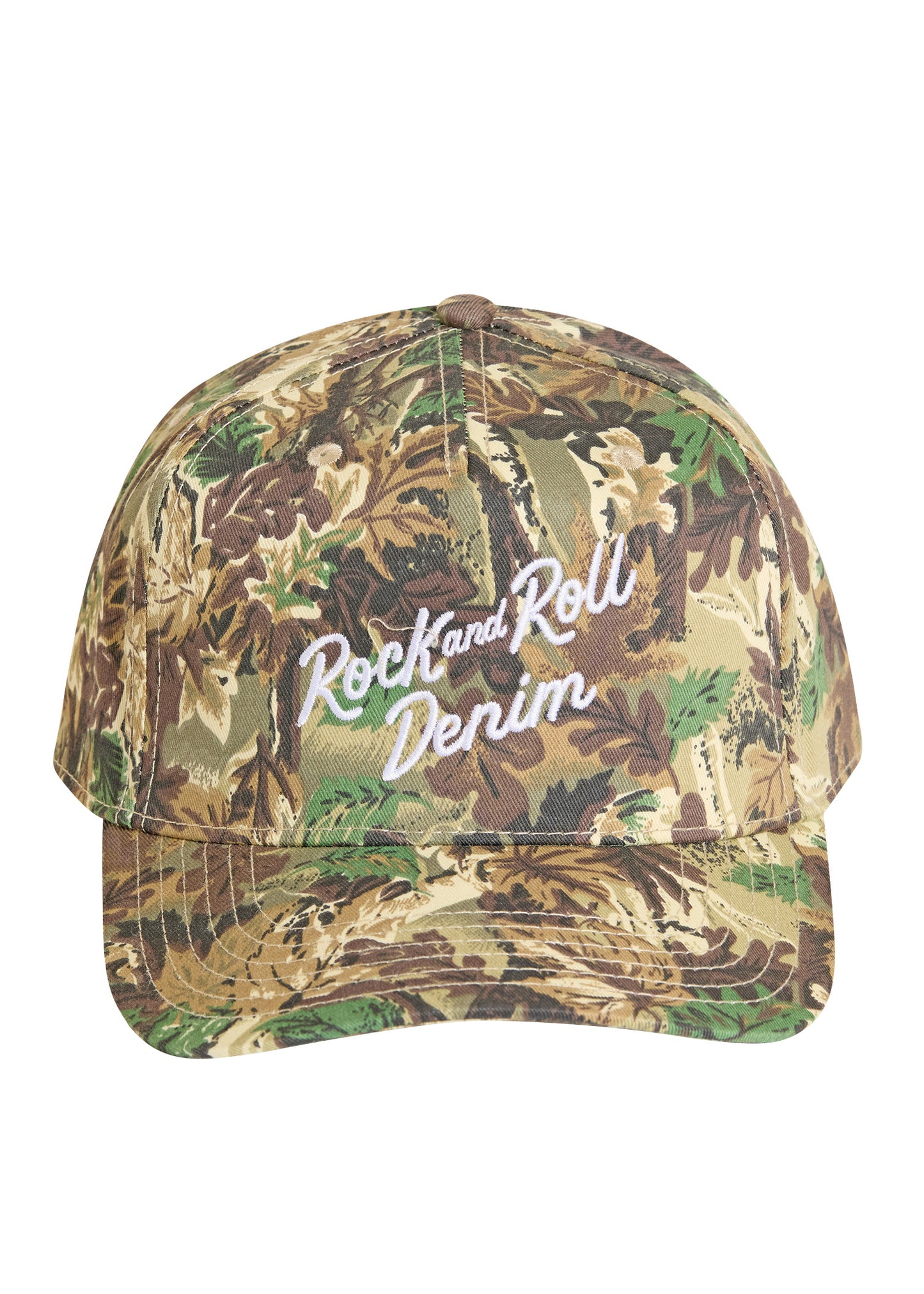 Camouflage cap with 'Rock and Roll Denim' text on a white background