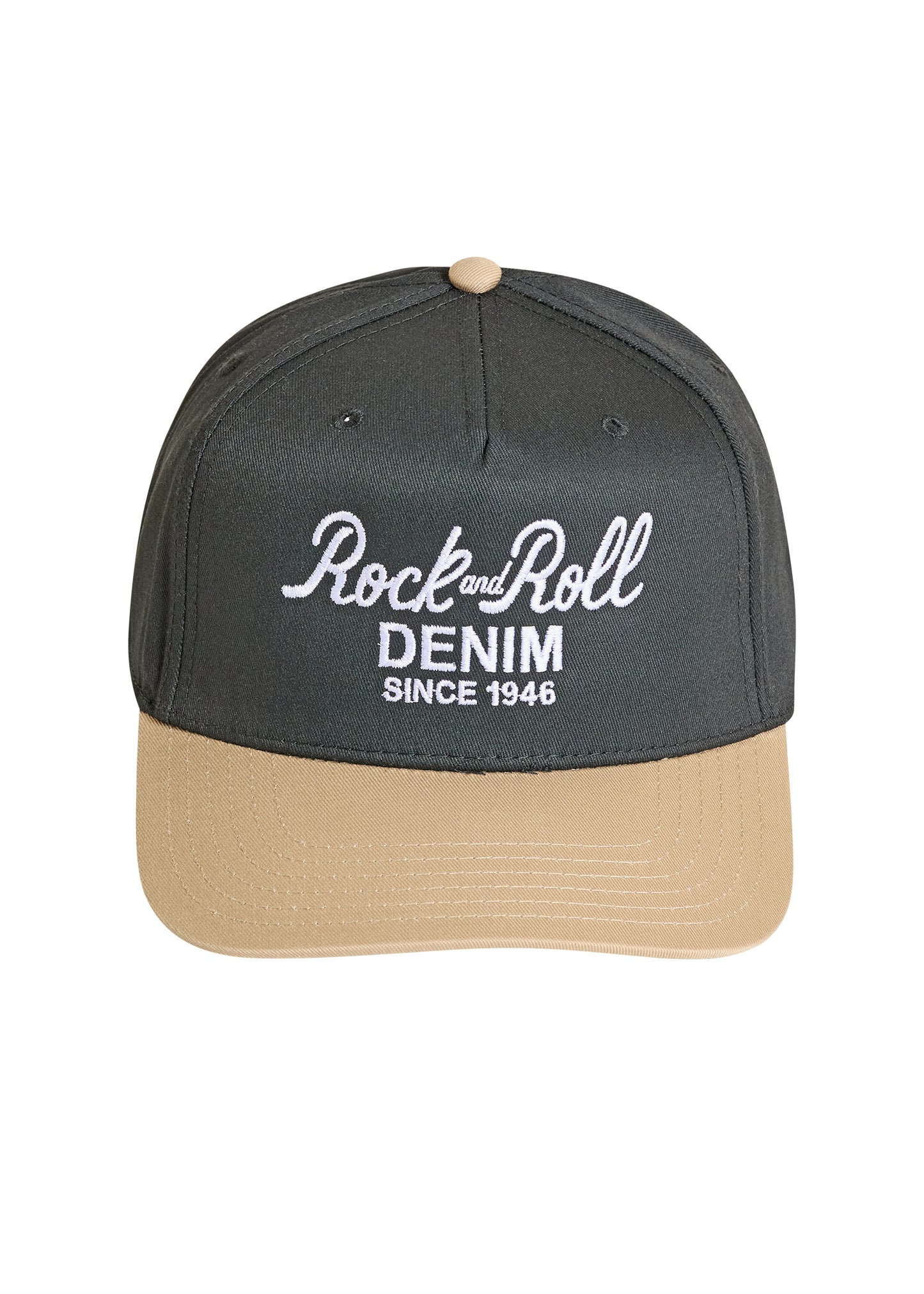 Black and beige cap with 'Rock and Roll Denim Since 1946' text on a white background