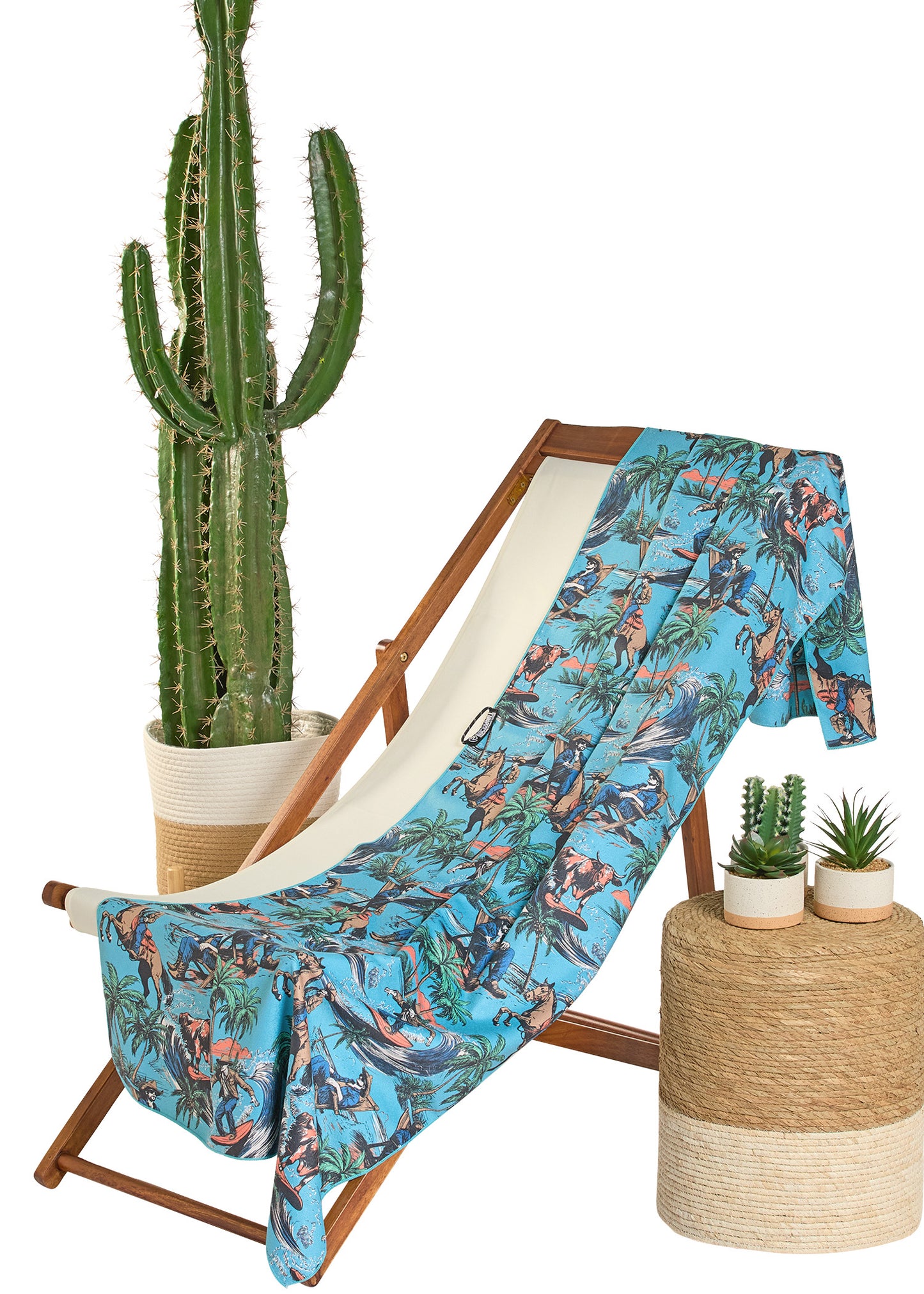Chaise lounge with a colorful towel draped over it, next to a potted cactus and small plants on a white background.