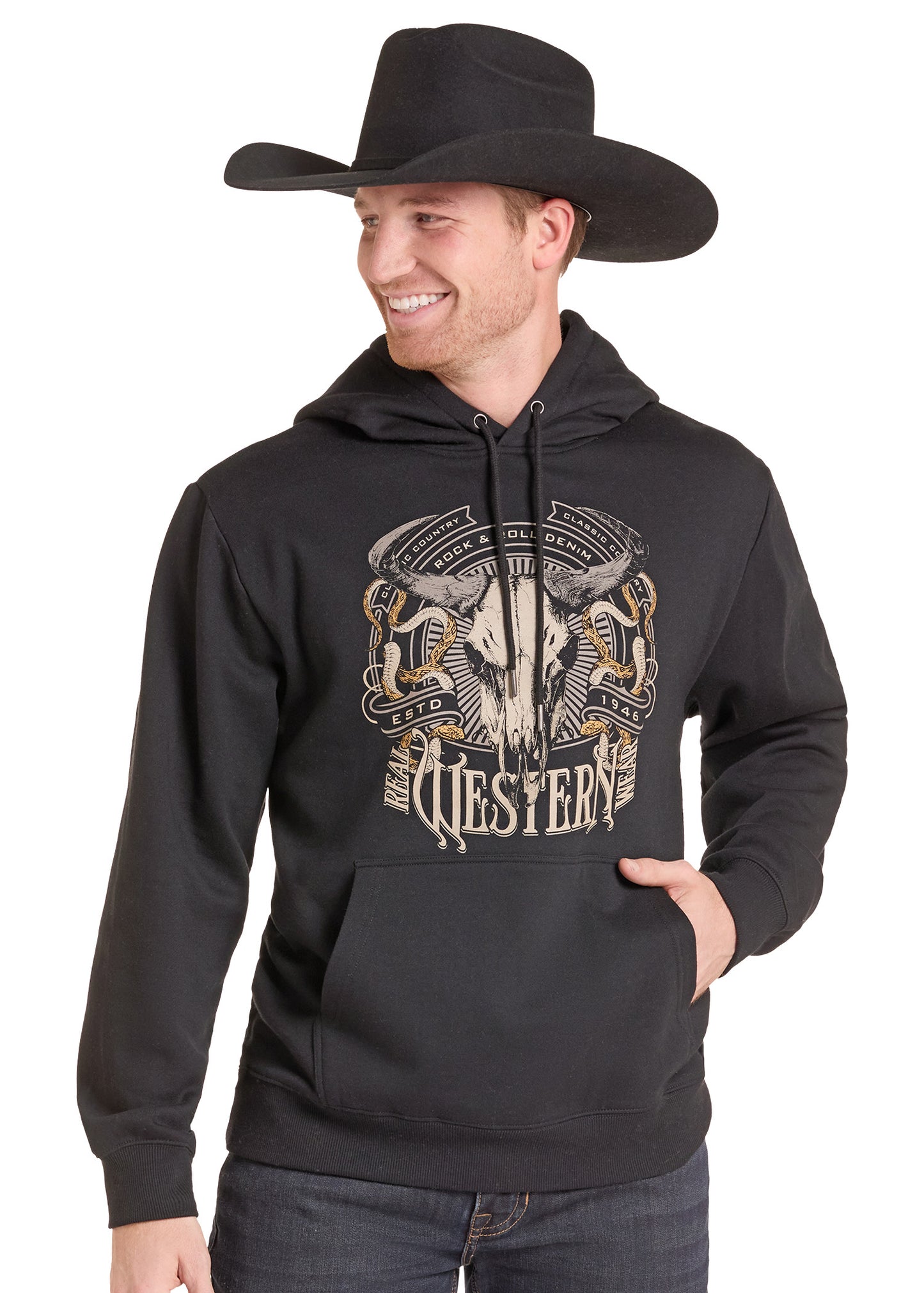 A man wearing a black pullover hoodie with a large western-themed graphic on the chest, featuring a skull, horns, and the word 'Western' in distressed lettering. 
