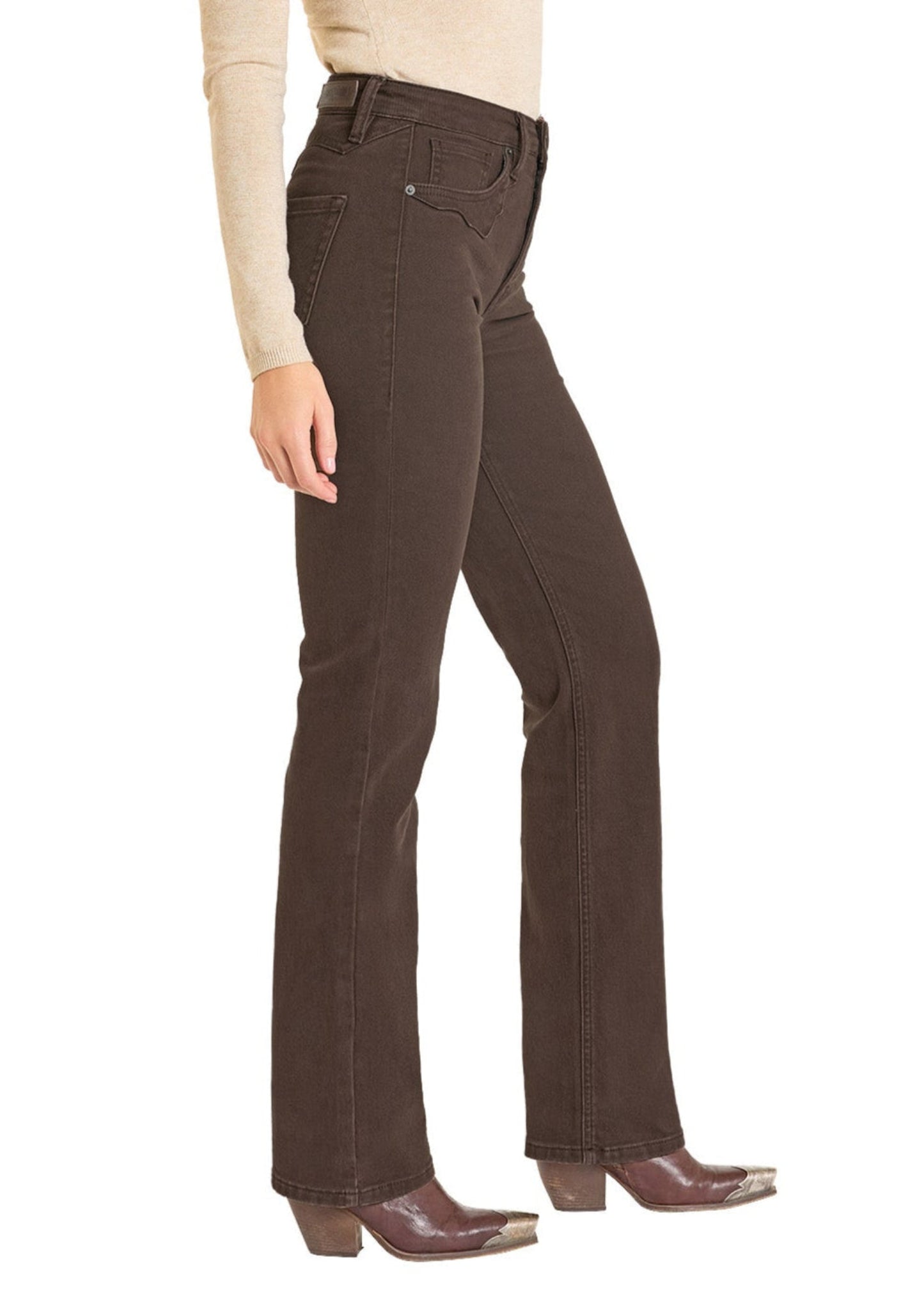 Woman wearing a beige shirt, brown pants, and a tan cowboy hat on a white background