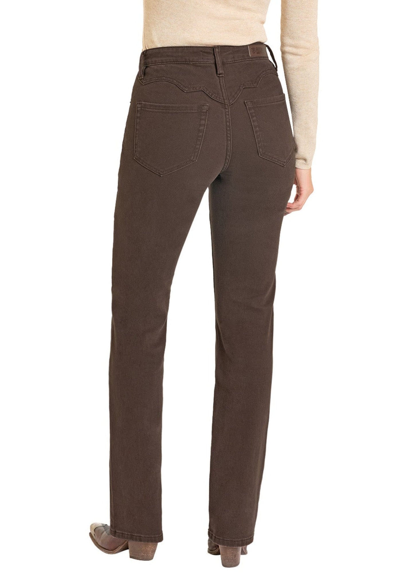 Brown pants worn by a person on a white background