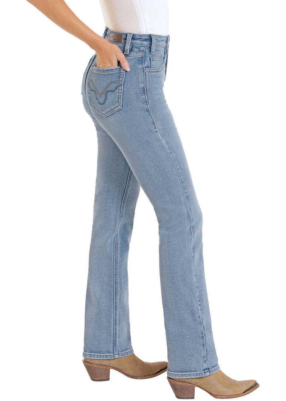 Woman wearing a white tank top, blue jeans, and a cowboy hat on a white background