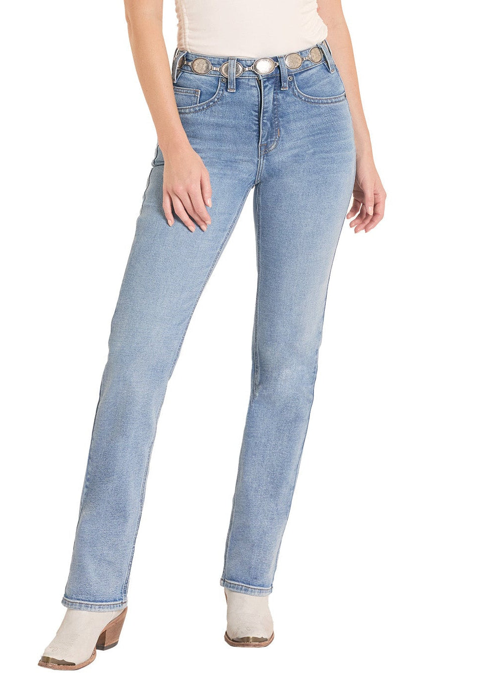 Woman wearing a white sleeveless top and light blue jeans with a beige hat on a white background