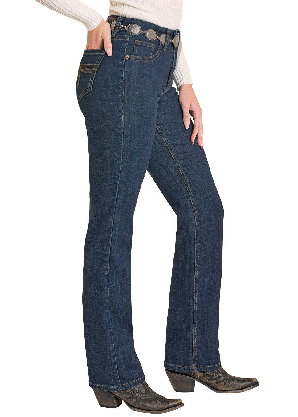 Woman wearing blue jeans and a beige cowboy hat on a white background