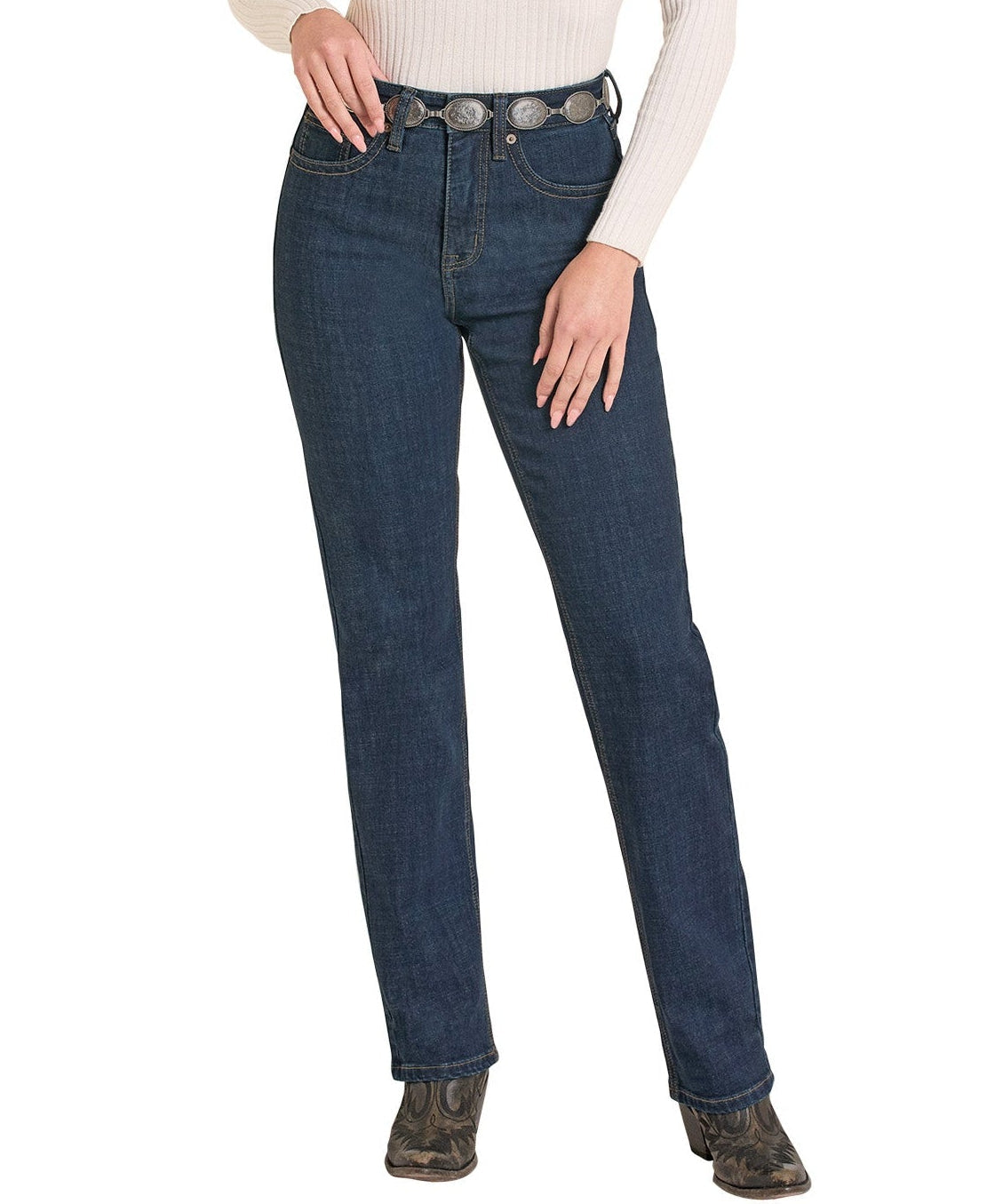 Woman wearing a white long-sleeve top, blue jeans, and a cowboy hat on a white background