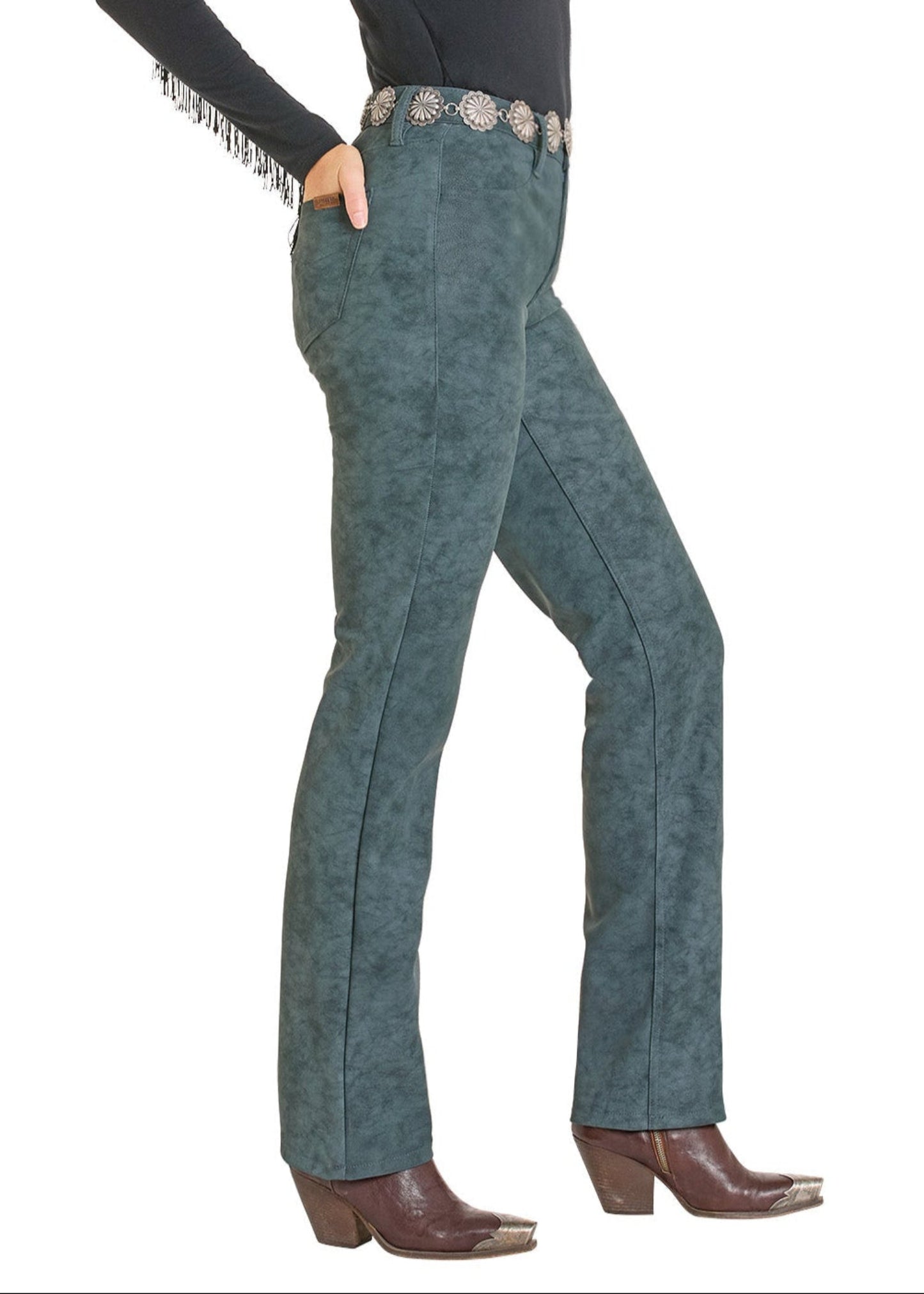 Teal patterned pants with brown boots on a white background