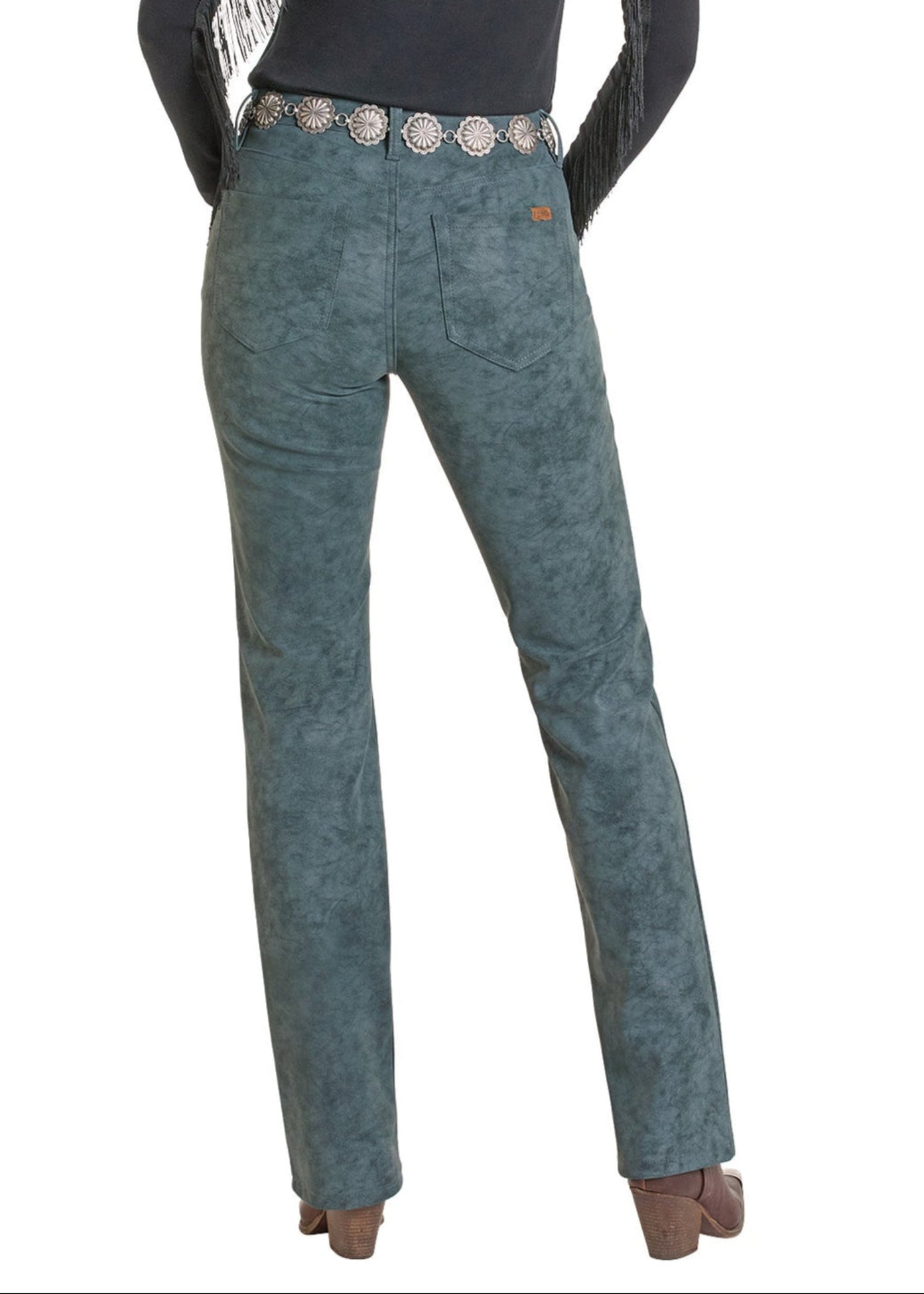 Blue jeans with decorative belt on a white background