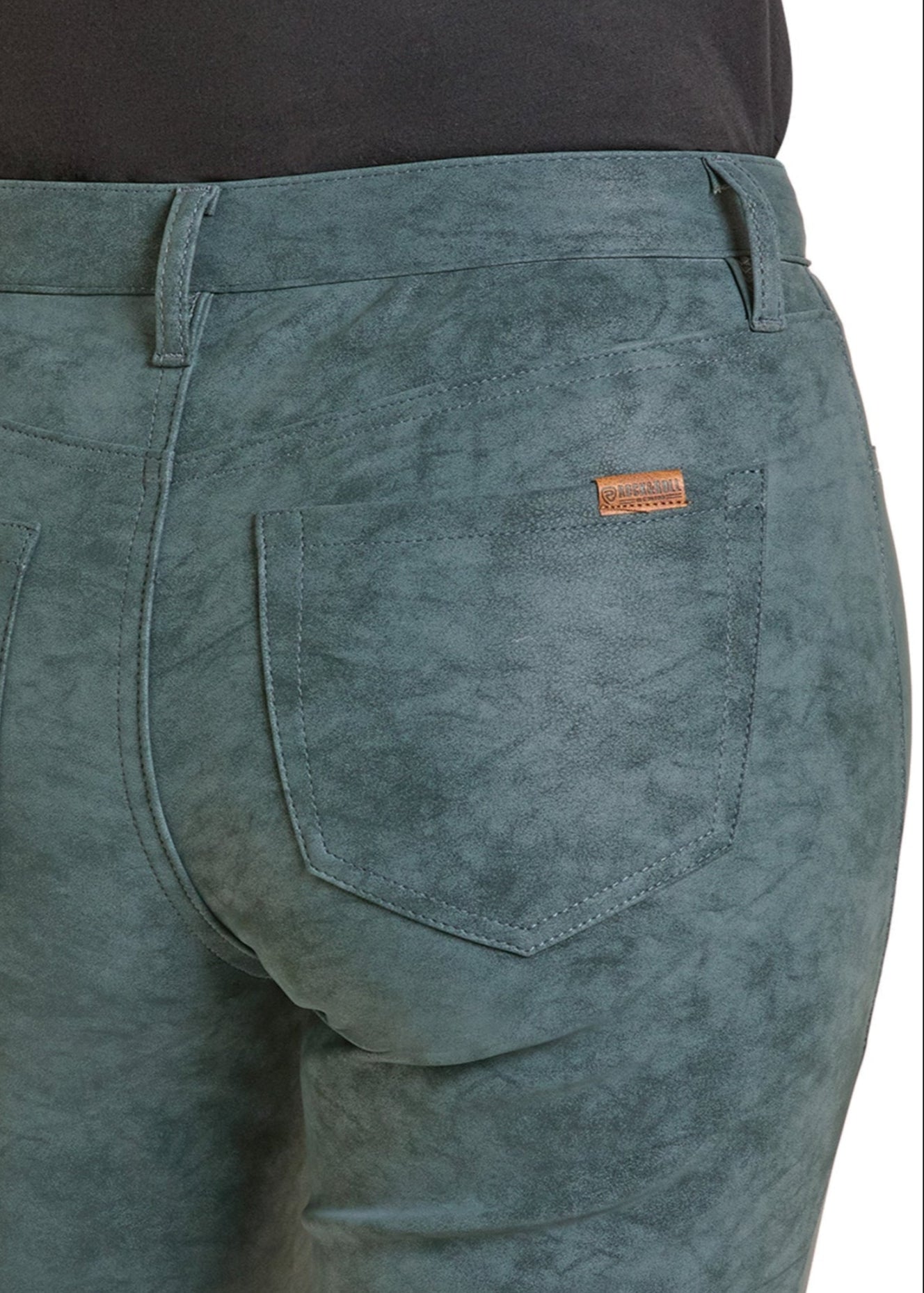 Teal pants with a brand logo on a white background