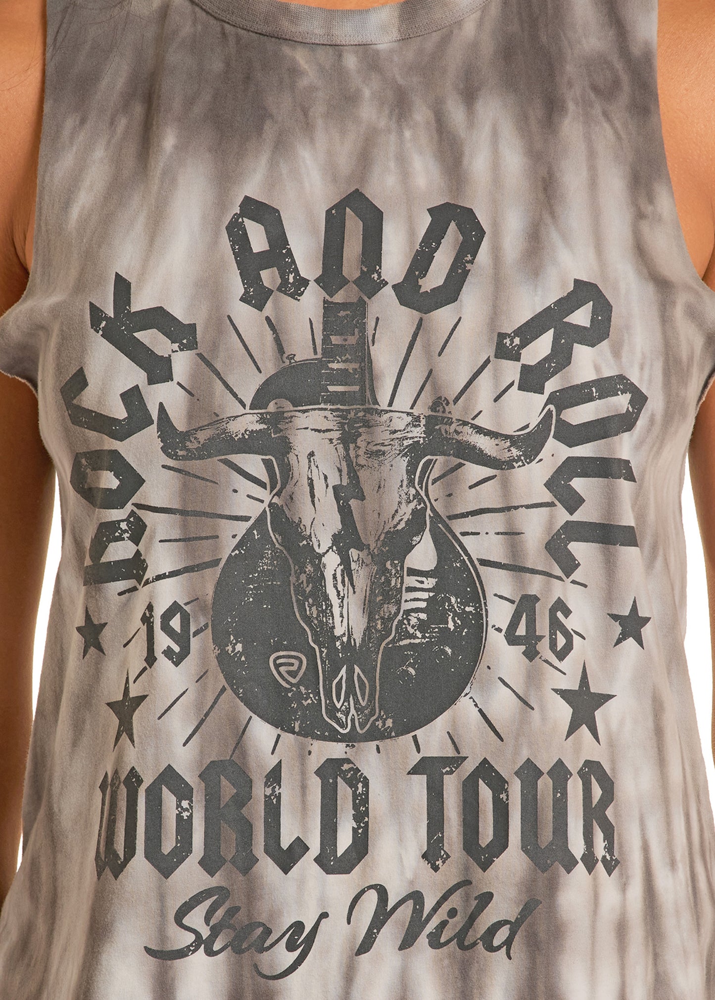 Tie-dye tank top with graphic design and text on a neutral background