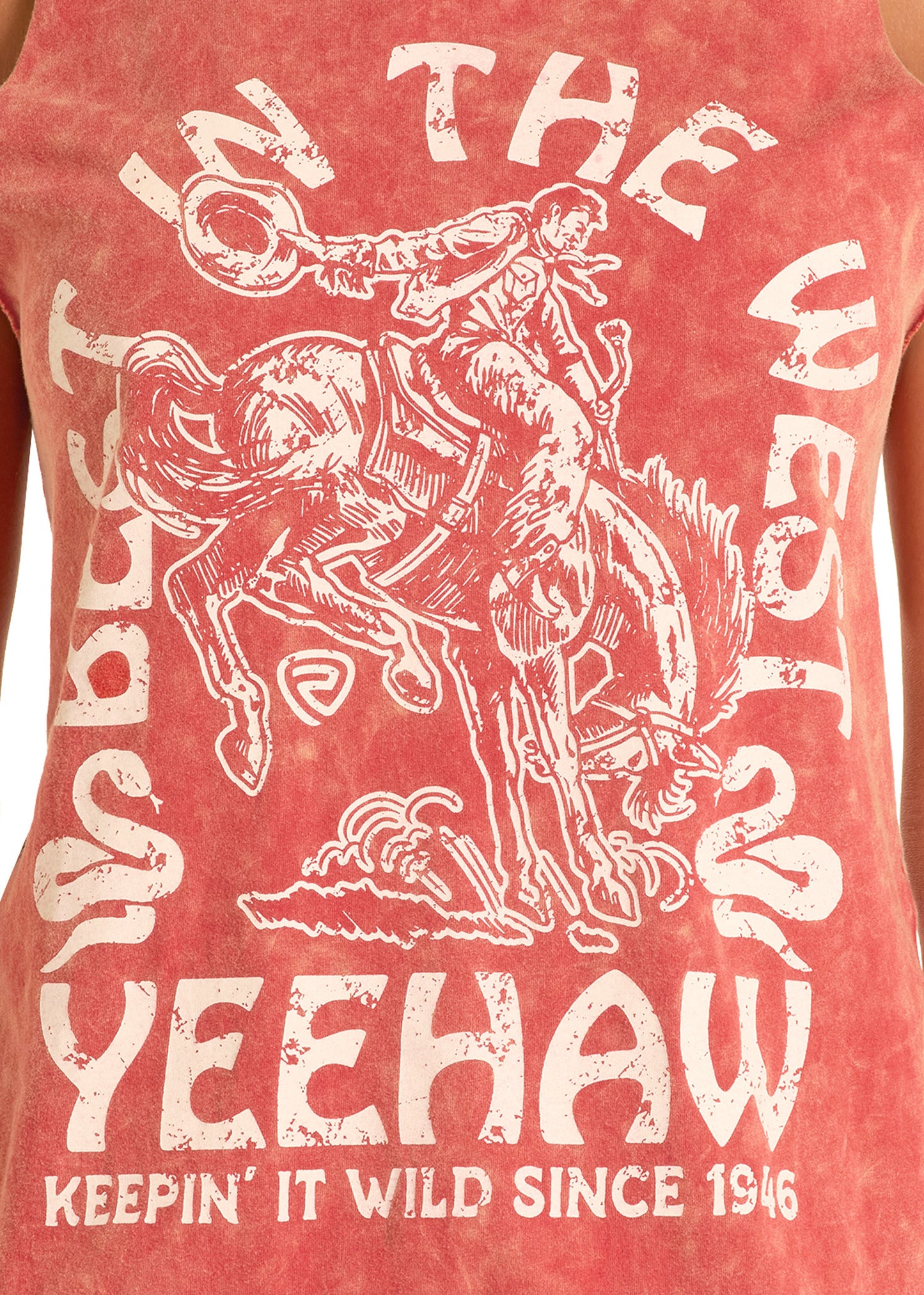 Red t-shirt with white graphic of a cowboy on a horse and text.