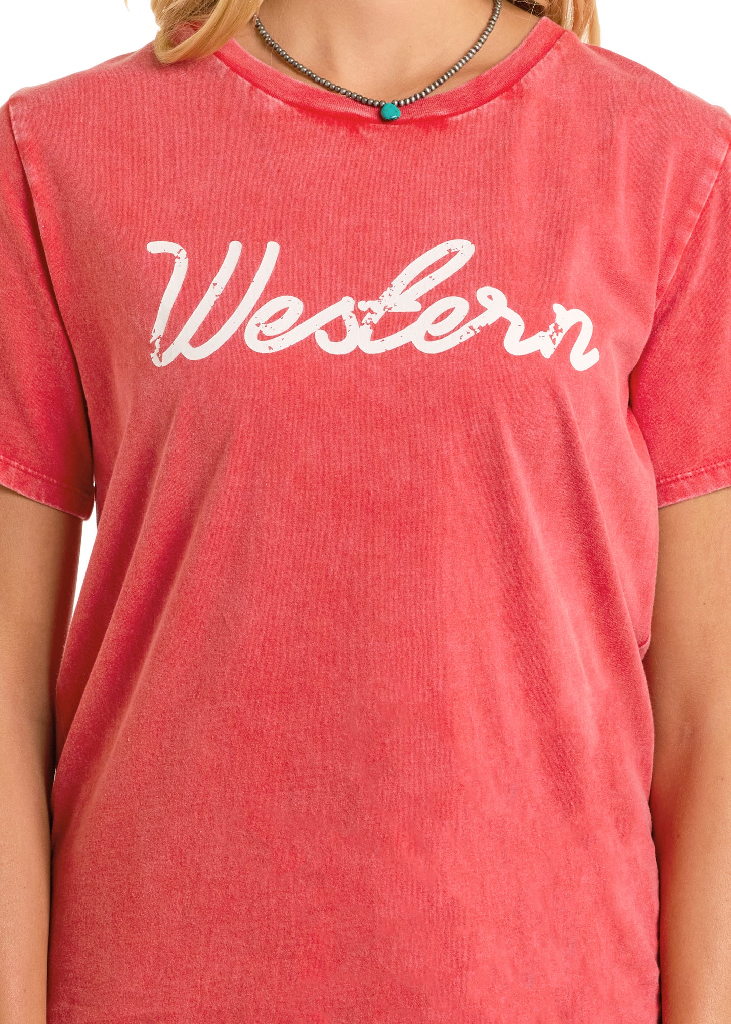 Red t-shirt with 'Western' printed on it worn by a person