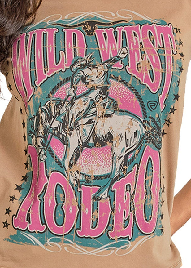 Beige tank top with 'Wild West Rodeo' graphic design featuring a cowboy on a horse.