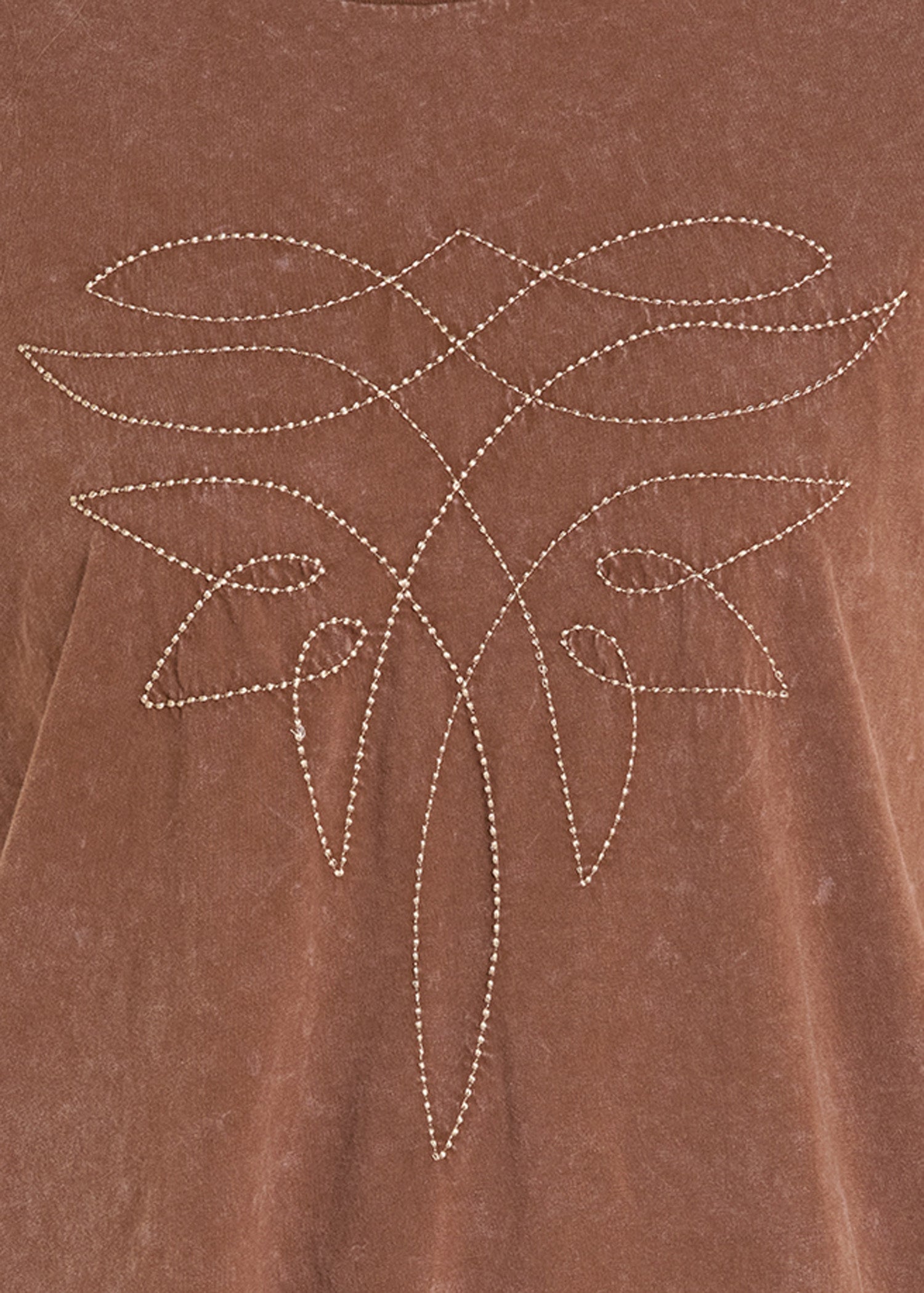 Brown t-shirt with a decorative leaf pattern on a plain background