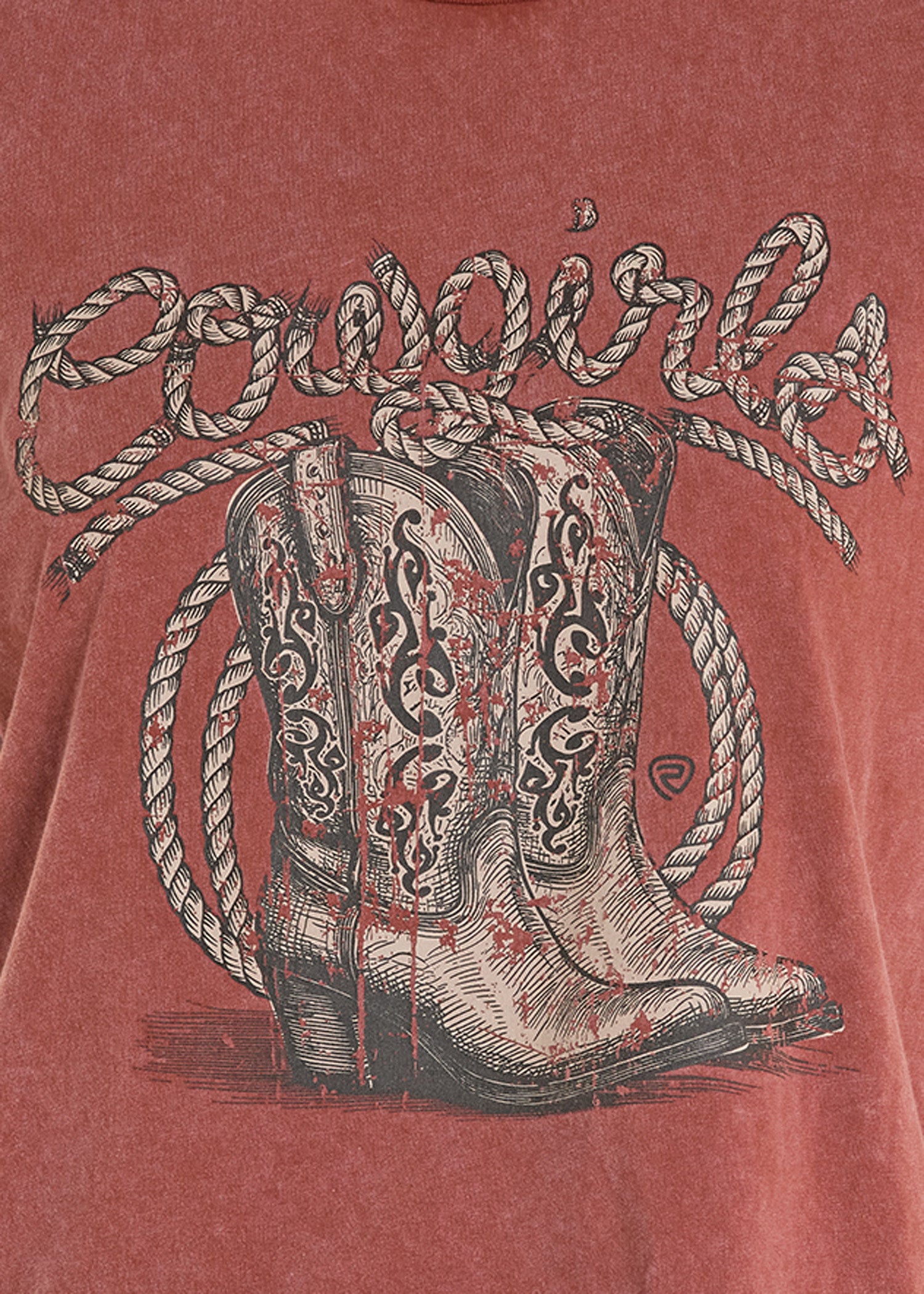 Red t-shirt with cowboy boots and 'Cowgirls' text on a red background