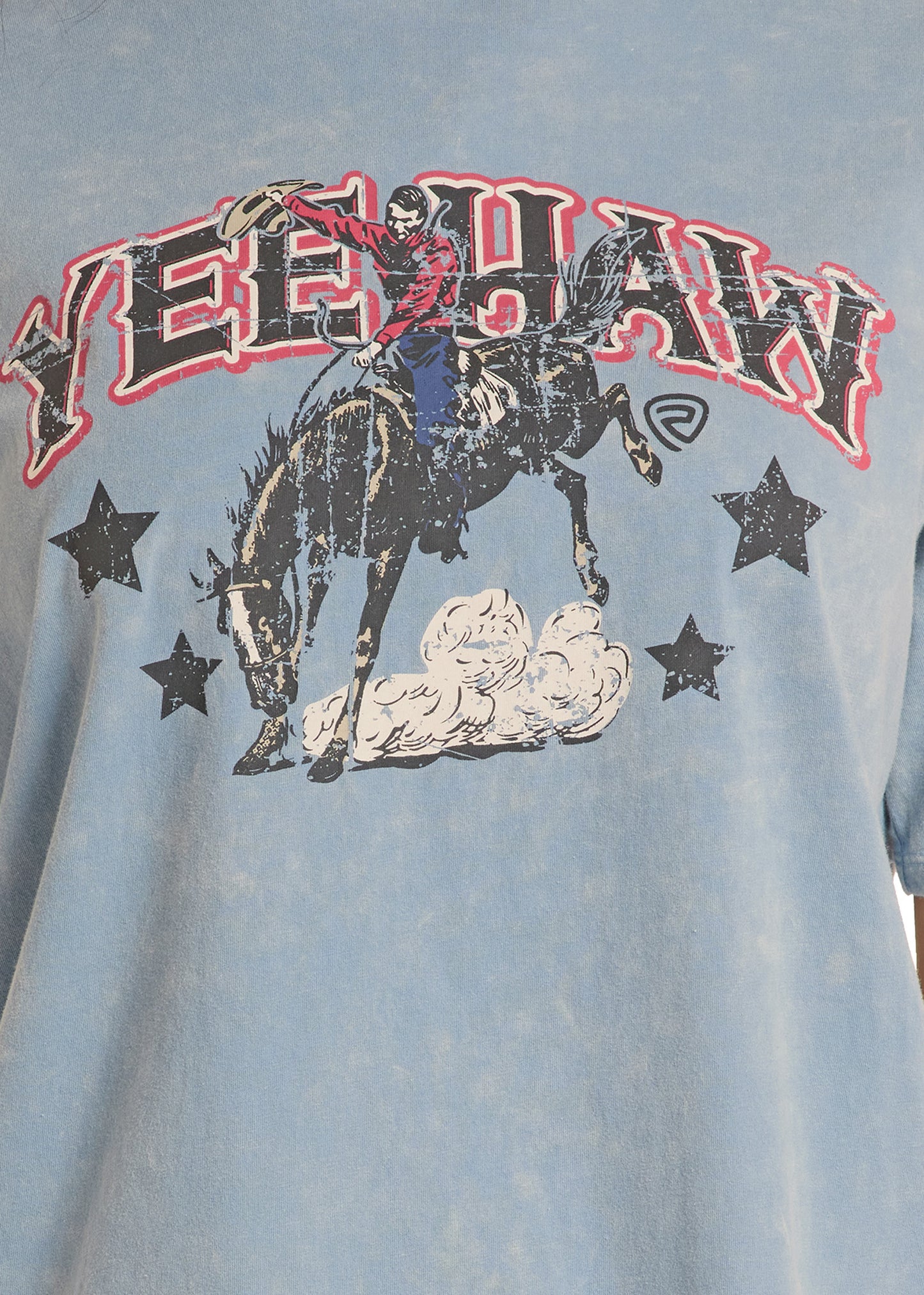 Vintage-style t-shirt with a graphic of a rider on a horse and 'Yee Haw' text.