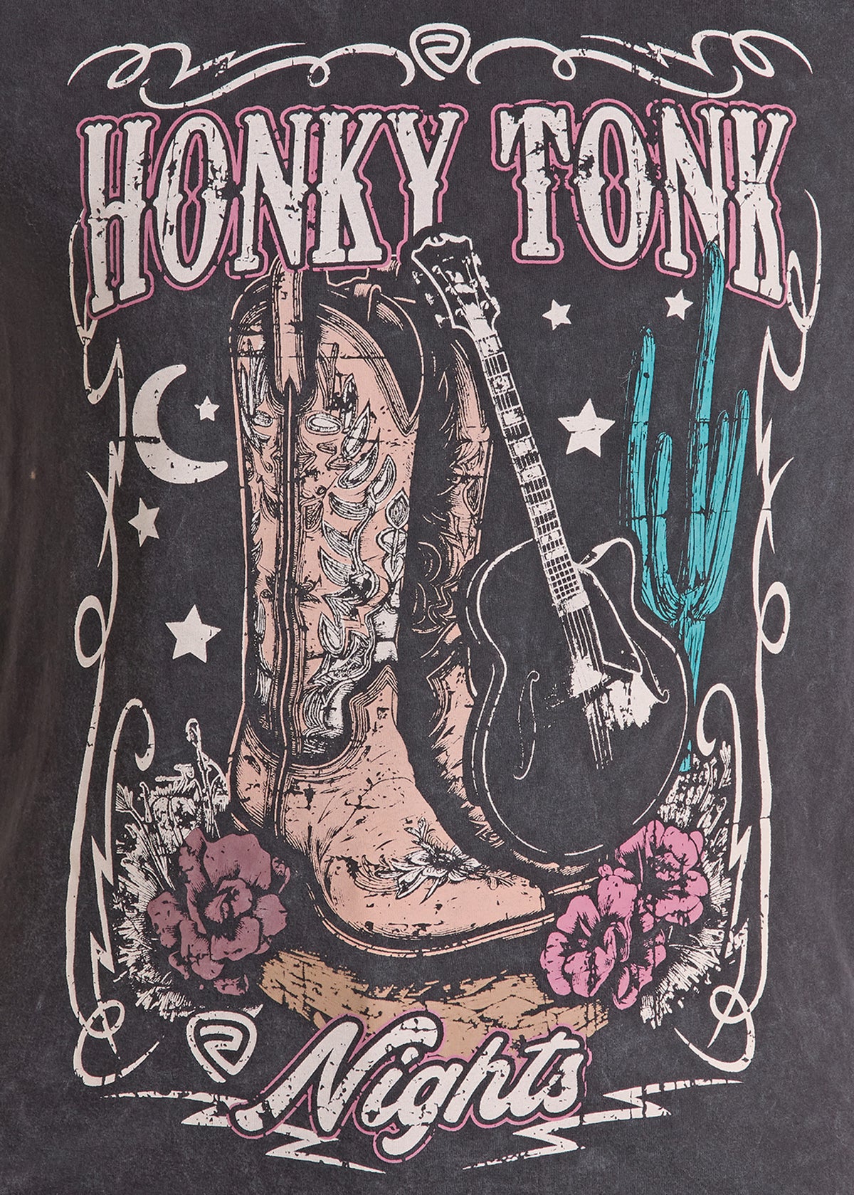 A close-up of a graphic print on a dark charcoal t-shirt. The design features a large western boot with floral embroidery, a black acoustic guitar, a turquoise cactus, pink roses, stars, and a crescent moon, framed by the text 'HONKY TONK Nights' in a distressed western font.