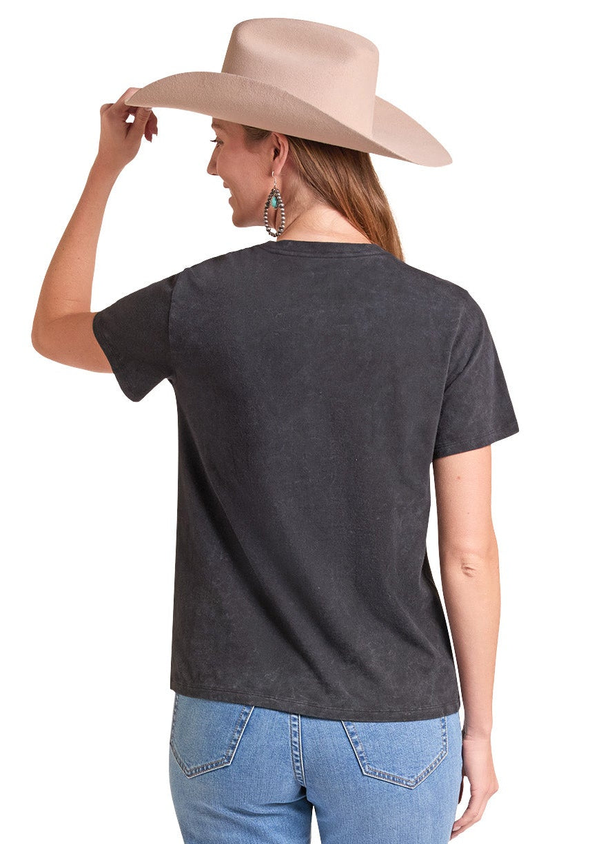 A woman shown from the back wearing a dark charcoal gray t-shirt, light blue jeans, and a beige cowboy hat against a plain white background.