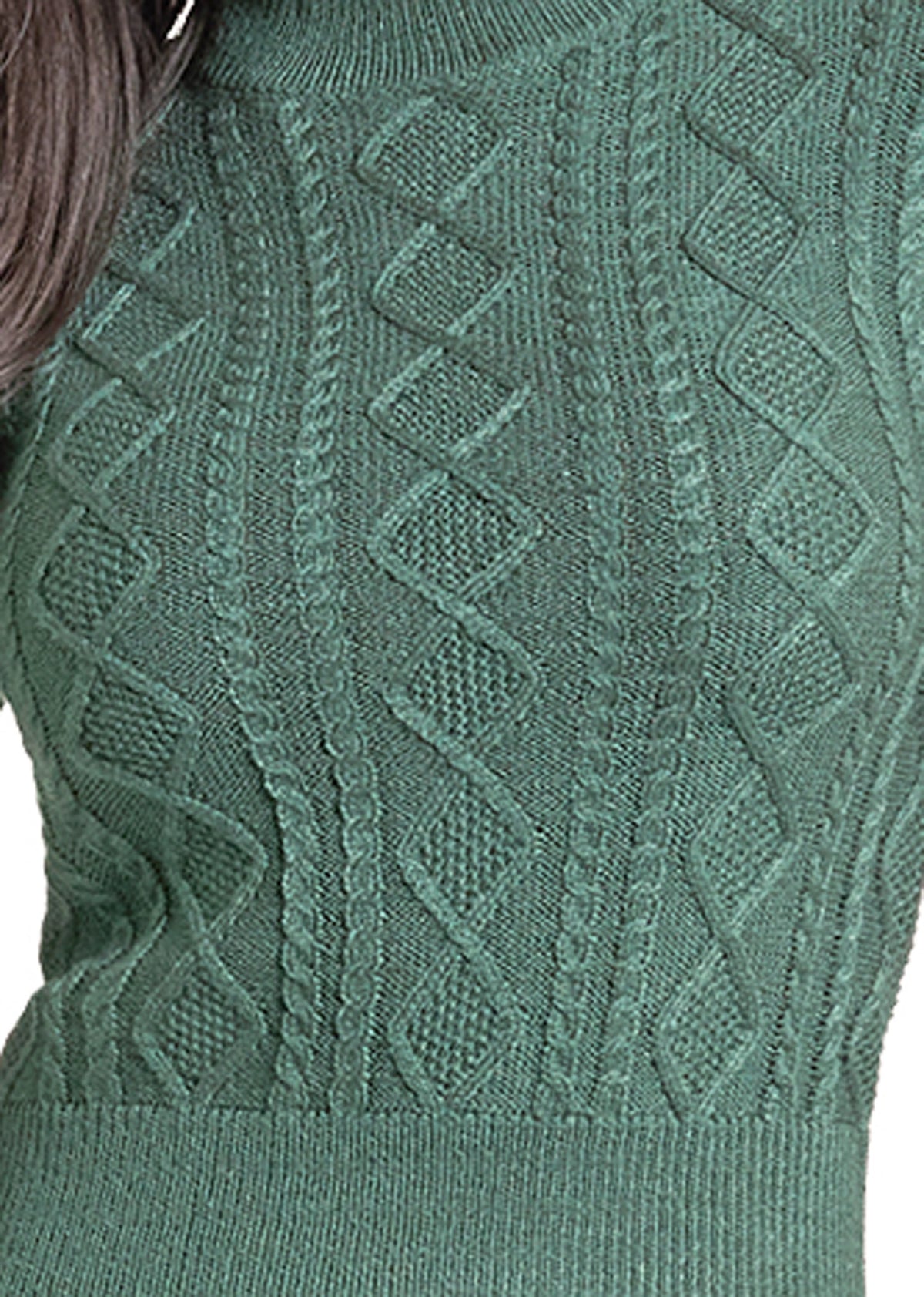 Close-up of a green cable-knit sweater with diamond and vertical stripe patterns, showing part of a person's hair on the left side.