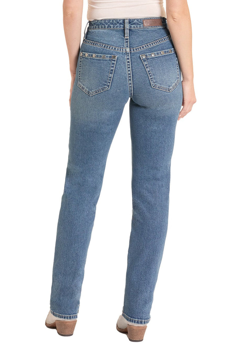 Woman wearing blue jeans and a white top with a beige hat on a white background