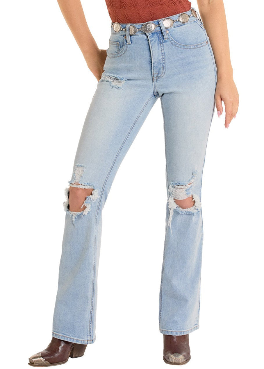 Women's Distressed High Rise Light Wash Bootcut Jeans Rock