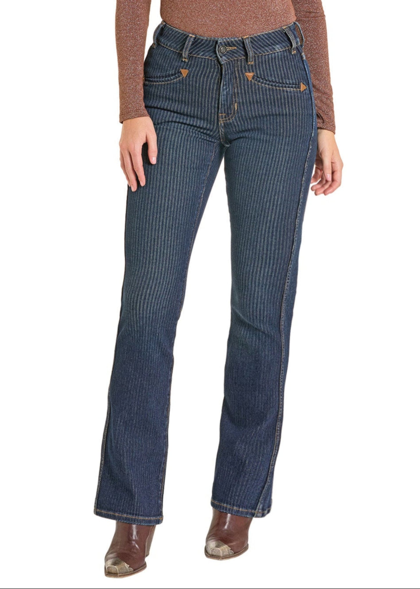 Blue striped jeans worn by a person on a white background