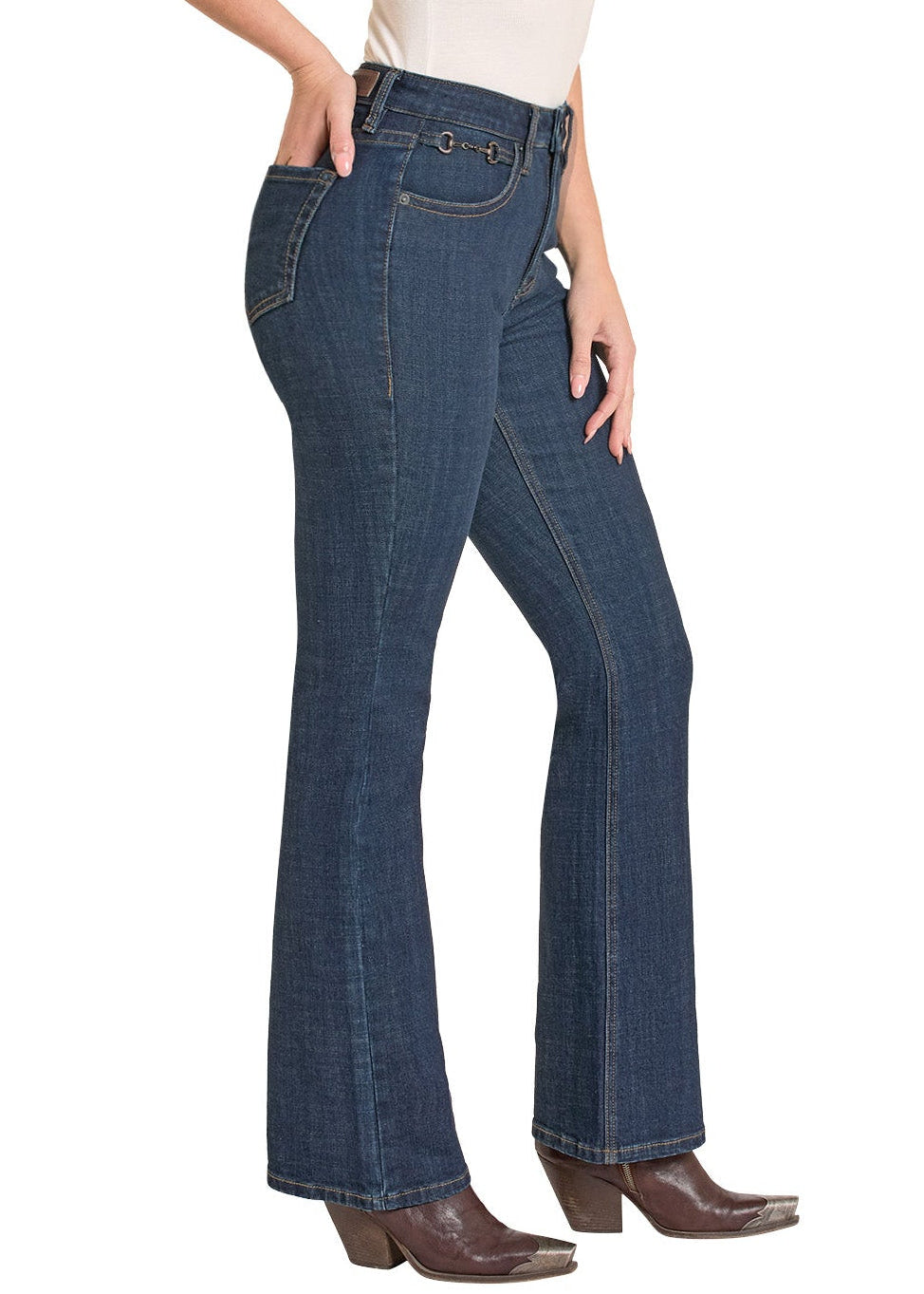 Woman wearing blue jeans and a beige cowboy hat on a white background