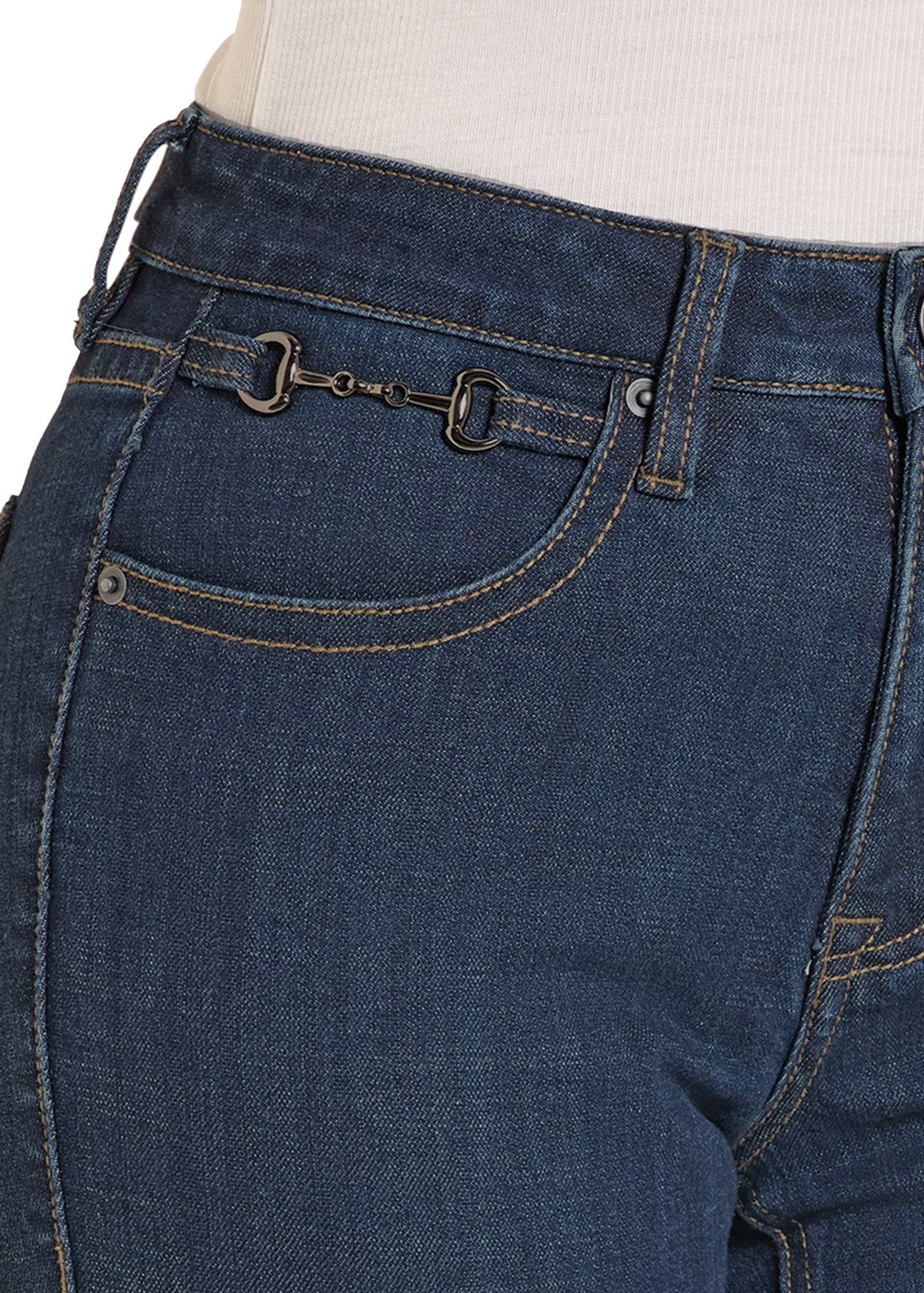 Close-up of blue jeans with a white background
